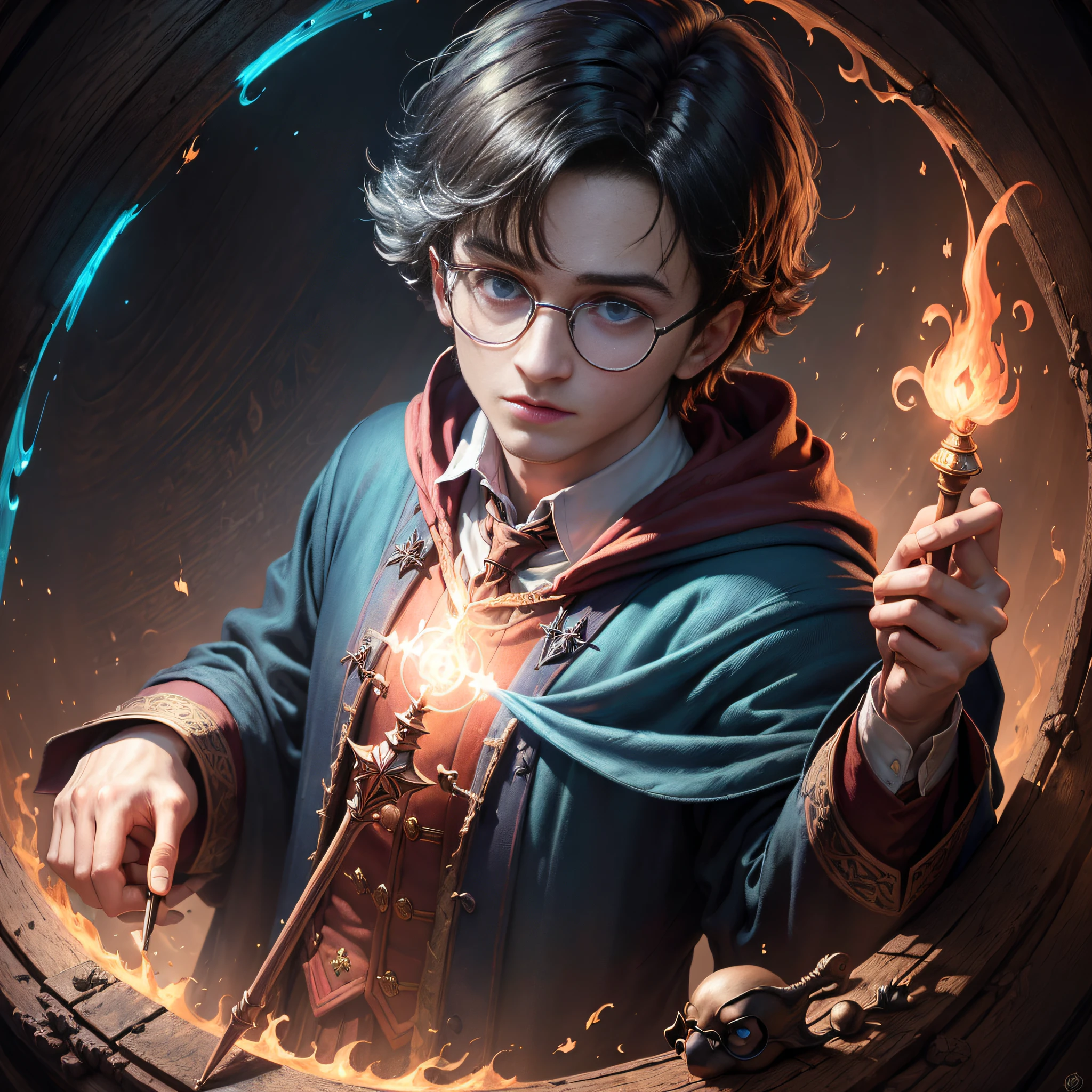 (masterpiece, best quality:1.4),(absurdres, highres, ultra detailed:1.2), (harry potter with his wooden magic wand and glasses),(using dark magic:1.4), glowing red magic, flaming light blue magic ,playful illustrations, imaginative overlays, artistic fusion ,fantastical scenes, evocative narratives, striking visuals, upper body