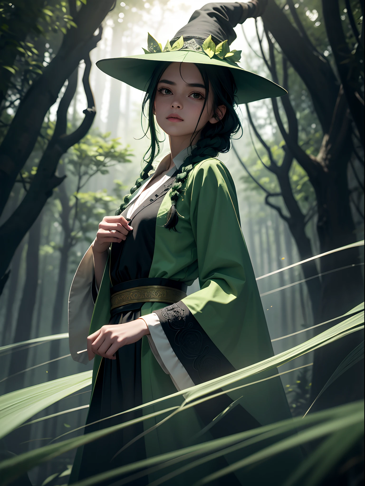 1girl in, ​masterpiece, top-quality, 8K, detailed skin textures, Detailed Cloth Texture, beautifull detailed face, intricate detailes, ultra-detailliert, The upper part of the body、Simple green witch robe and big green shirt,Cute girl with simple green witch big hat and braid , Green dressing gown, Split lips, light Particle, forest, Intense sunlight,Effect of twinkling aerial light,Oversized shirt、