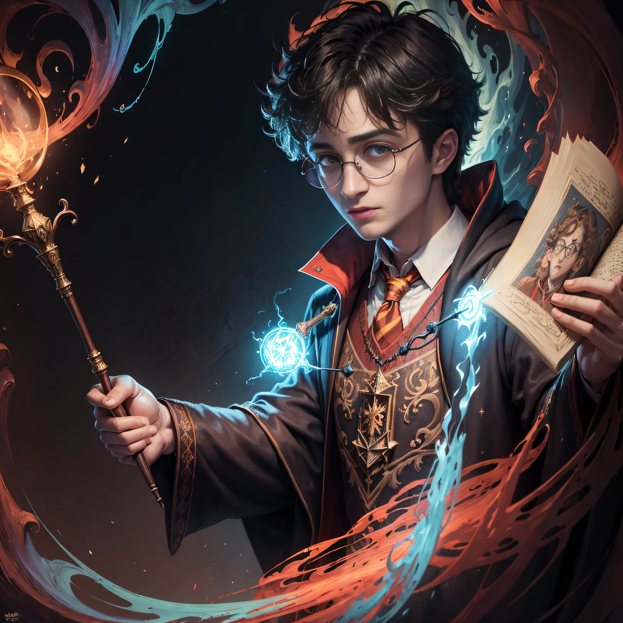 (masterpiece, best quality:1.4),(absurdres, highres, ultra detailed:1.2), (harry potter with his wooden magic wand and glasses),(using dark magic:1.4), glowing red magic, flaming light blue magic ,playful illustrations, imaginative overlays, artistic fusion ,fantastical scenes, evocative narratives, striking visuals, upper body