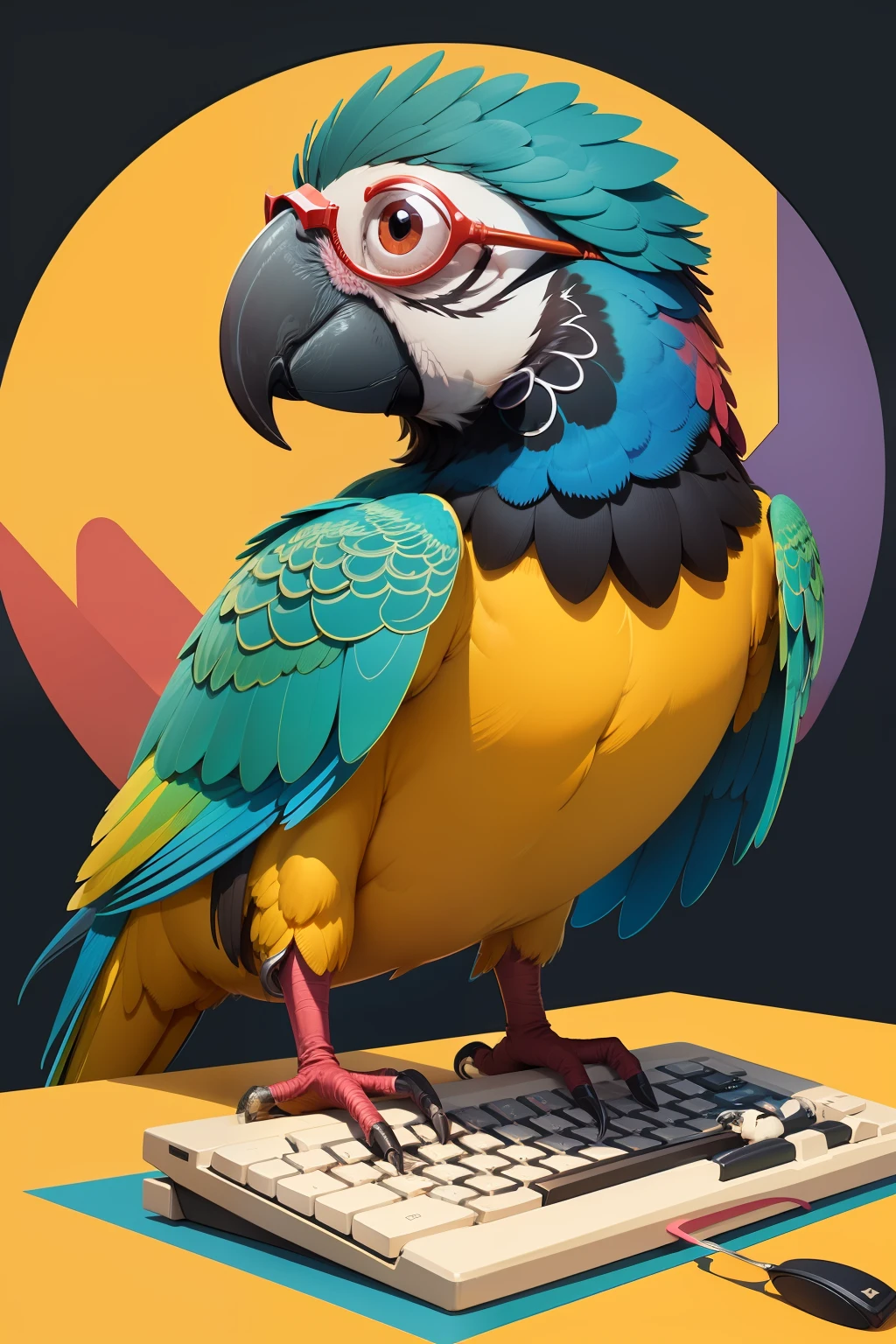 "colorful parrot wearing glasses, engrossed in typing on a computer, in a flat vector style"