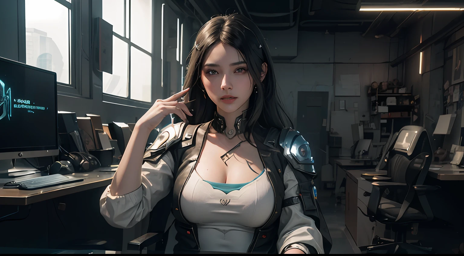 ((Best quality)), ((masterpiece)), (detailed:1.4), 3D, an image of a beautiful cyberpunk female,HDR (High Dynamic Range),Ray Tracing,NVIDIA RTX,Super-Resolution,Unreal 5,Subsurface scattering,PBR Texturing,Post-processing,Anisotropic Filtering,Depth-of-field,Maximum clarity and sharpness,Multi-layered textures,Albedo and Specular maps,Surface shading,Accurate simulation of light-material interaction,Perfect proportions,Octane Render,Two-tone lighting,Wide aperture,Low ISO,White balance,Rule of thirds,8K RAW,