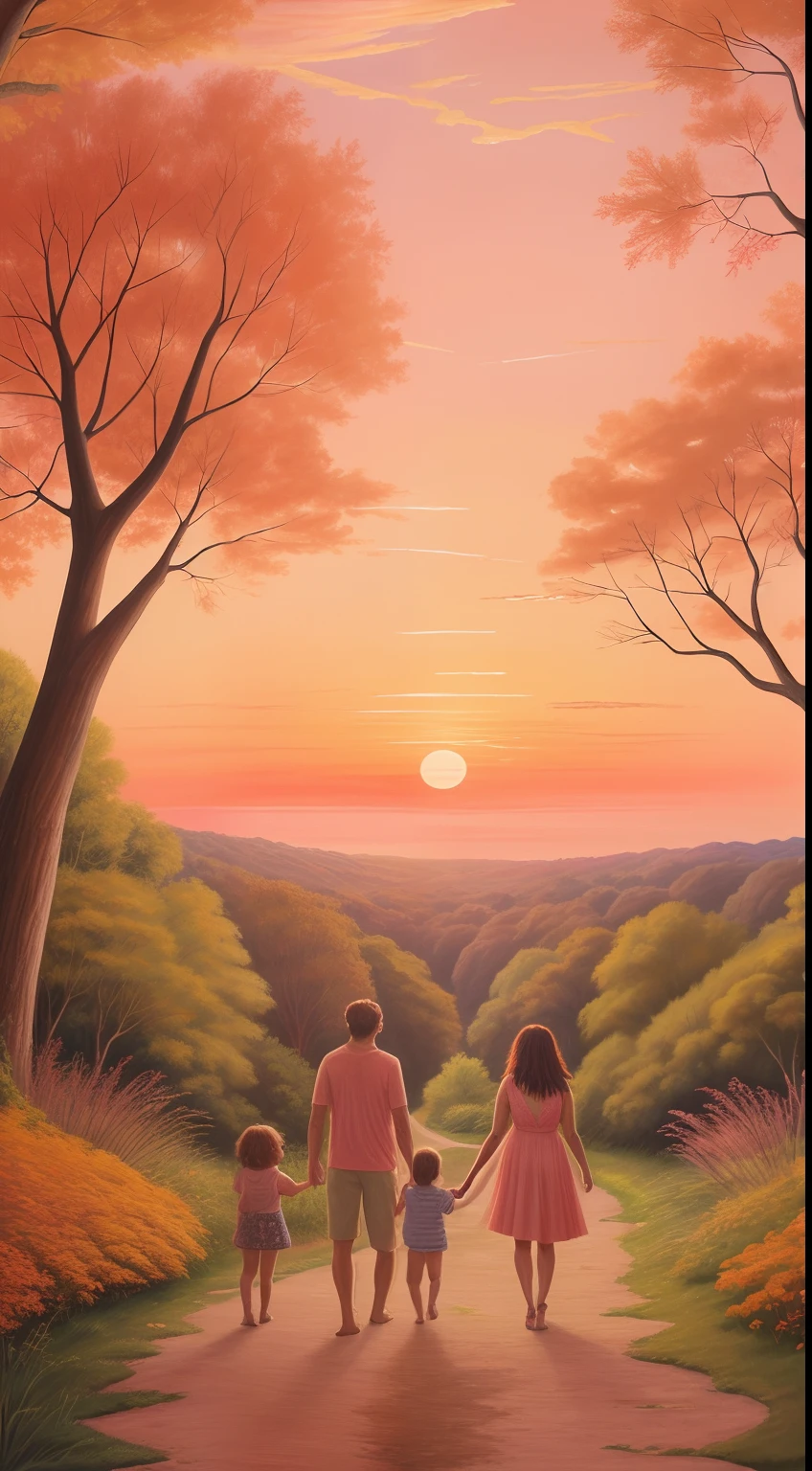 A imagem mostra uma paisagem serena ao entardecer, with a family walking hand in hand along a path surrounded by trees. The sky is painted in warm shades of orange and pink, criando uma atmosfera acolhedora e reconfortante.