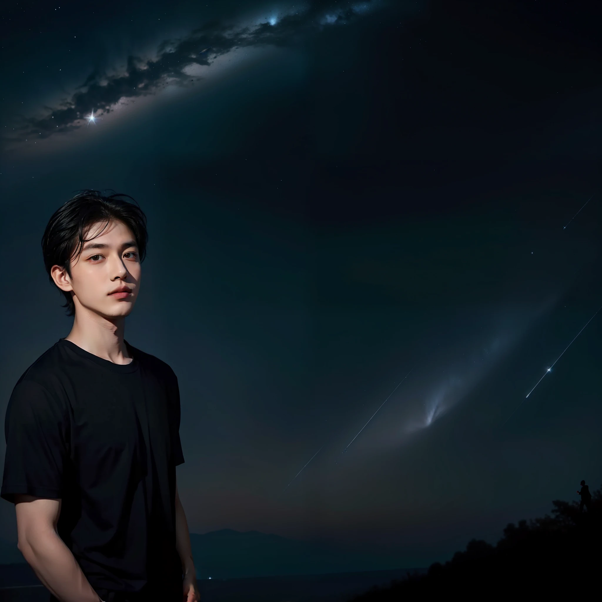 (Short black hair:1.2)、(Wear short sleeves:1.2)、(Good facial features:1.1)、(Young men:1.2)，(dark night background:1.2)、(starrysky:1.1)、(The stars shine:1.2)。In this painting，A young man stands in the night。He has short black hair，Wear a simple short-sleeved shirt，Show youthful vitality。His facial features are very straightforward，It gives a feeling of being handsome and tall。The background is a dark night sky，Stars shine in the starry sky，It adds to the mystery and romance of the picture。The whole picture is full of mystery，One can't help but imagine the story of this young man