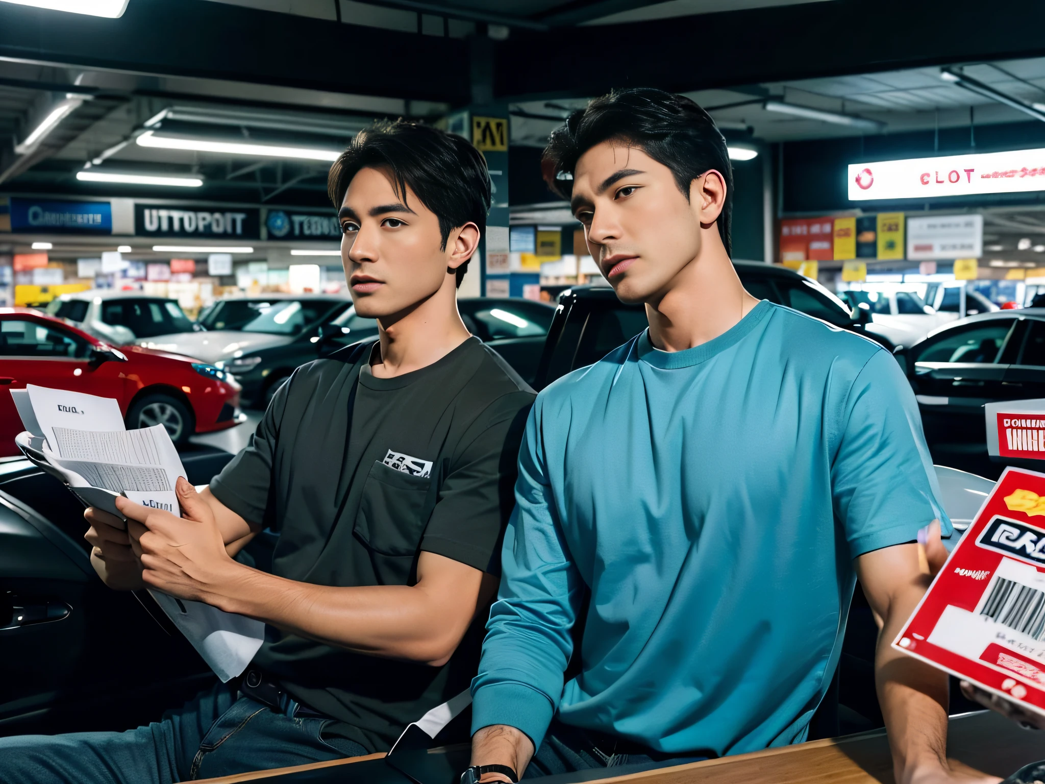 2 men,Shop for car supplies in casual wear at the auto supply supermarket,sface focus,Extreme depiction of facial detail