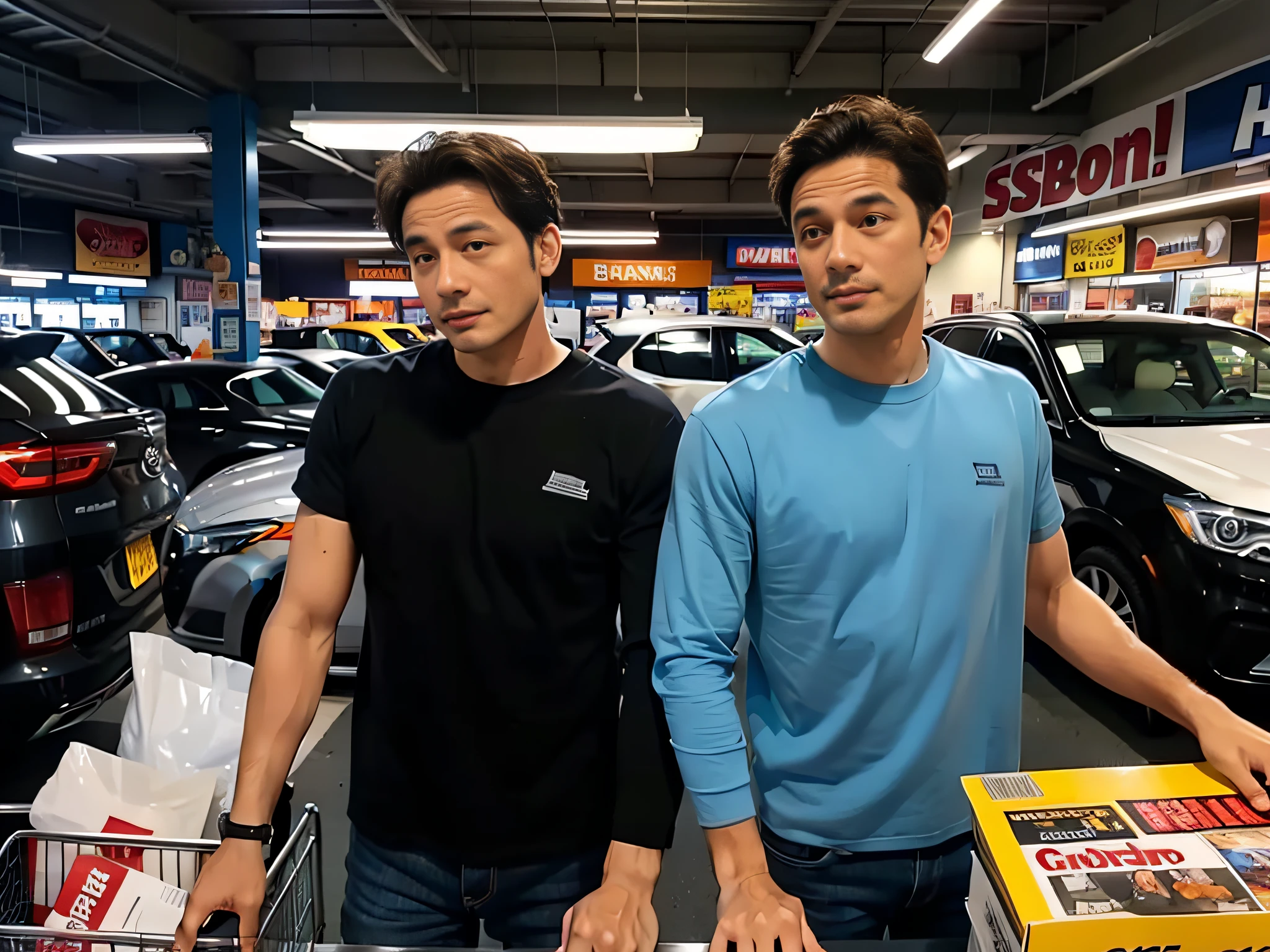 2 men，Shop for car supplies in casual wear at the auto supply supermarket，sface focus，Extreme depiction of facial detail