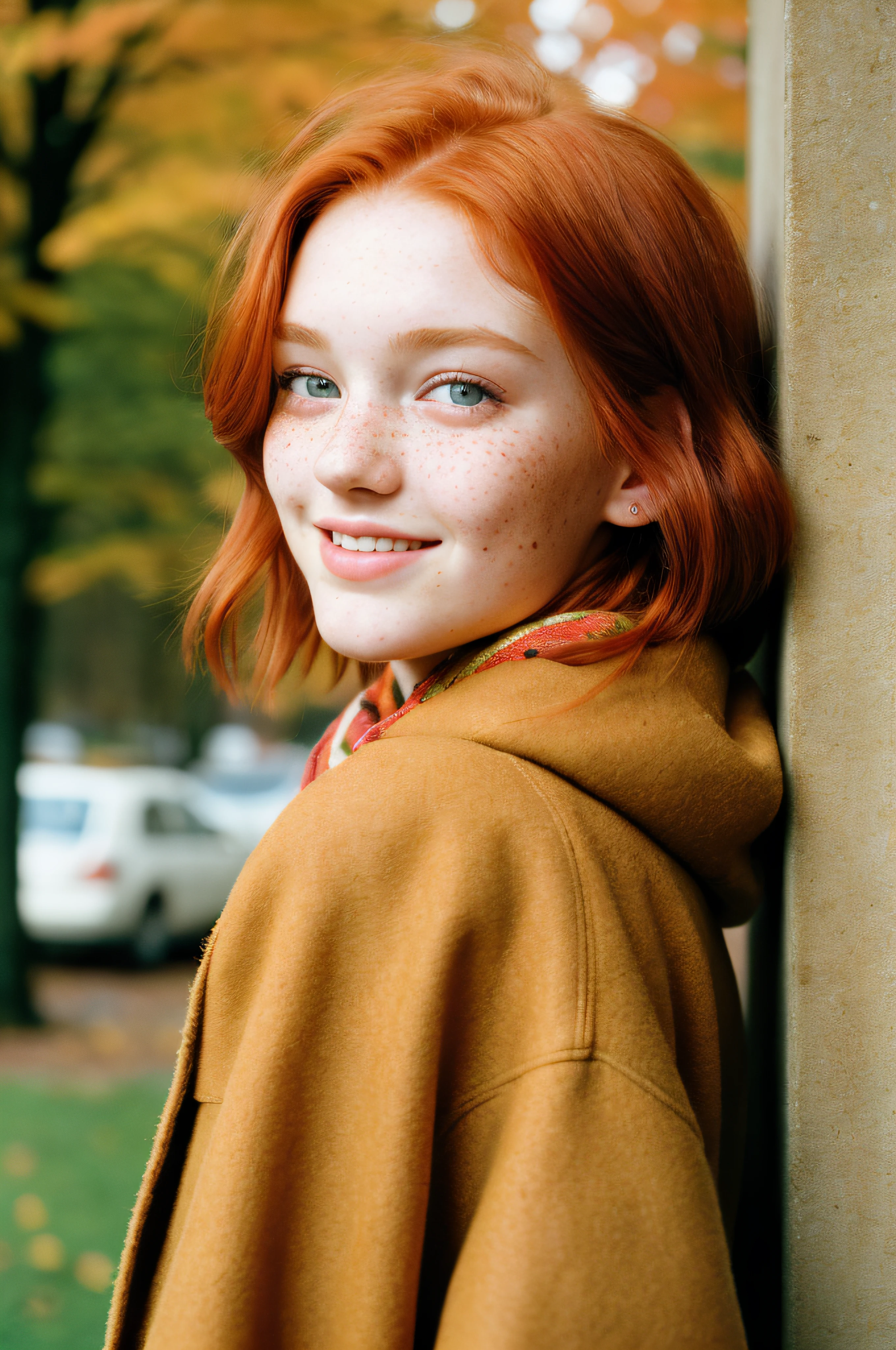 (a closeup of a, Editorial photo of a 15-year-old beautiful girl in a coat with a scarf), (Highly detailed face:1.4) (Smile:0.7), ass pov, Nikon D850, film stock photograph ,4 Kodak Portra 400 ,camera f1.6 lens ,saturated colors ,hyper realistic ,lifelike texture, dramatic  lighting , Cinestill 800, autumn, freckles, redhead hair, green colored eyes