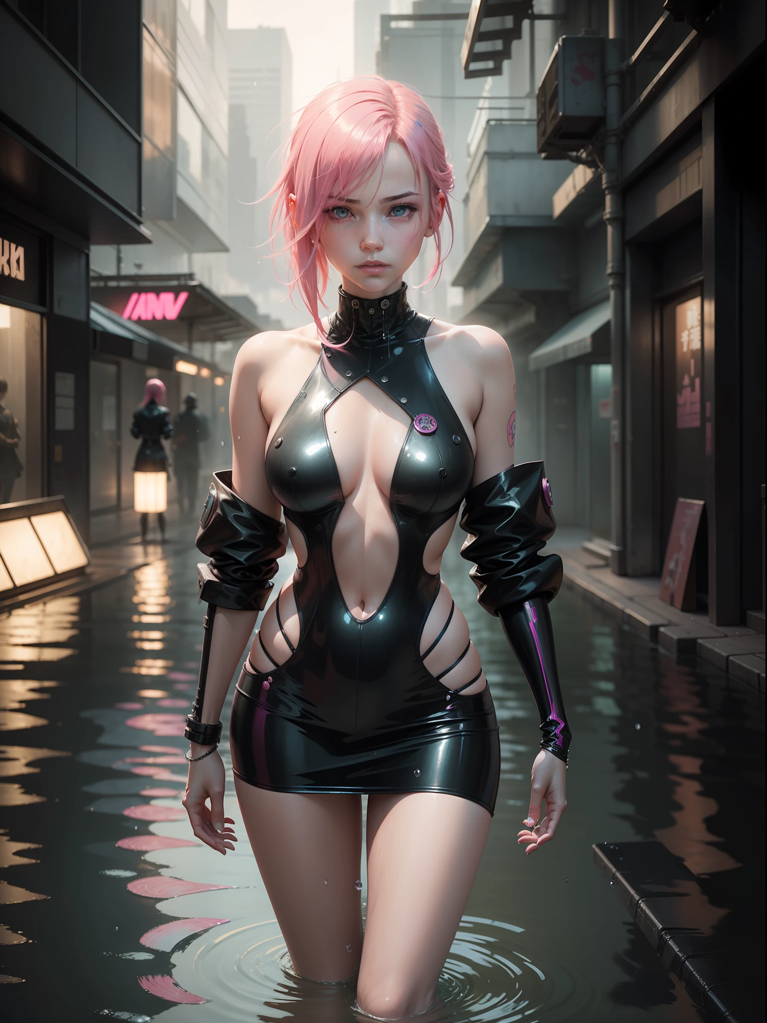 a young lady with pink hair standing in water, in the style of cyberpunk realism, gentle expressions, blink-and-you-miss-it detail, michael komarck, water drops, sana takeda, shiny/glossy