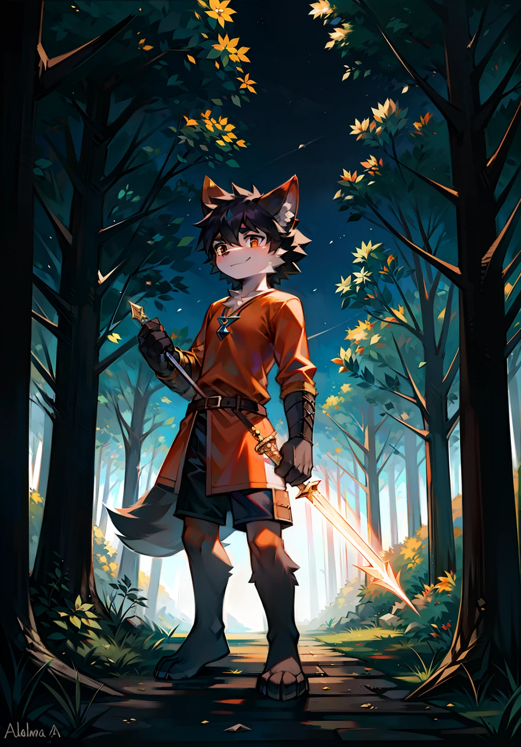 Black Haired Wolf，Wear an orange shirt，In the shade of the woods，Carrying a magic sword on his back，thunders，salama，Shota，adolable，Armed with a lightning sword，dual swords，dark cloude，Stand on the left side of the screen，ssmile，Sword in one hand，The other hand holds the torch，solo person，adventuring