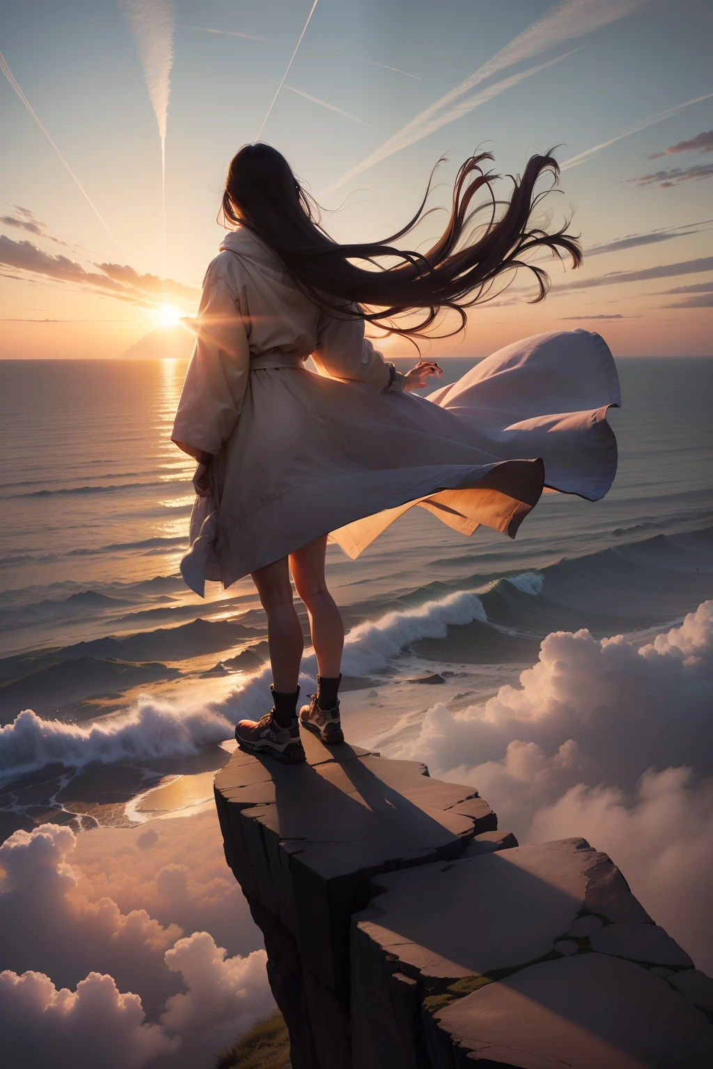 The picture shows a person standing at the edge of a cliff with their arms outstretched, ready to embrace the winds of change. The sun is rising in the distance, casting a warm glow on the scene. The person is looking out at the vast expanse of the horizon, teetering between fear and wonder. In the foreground