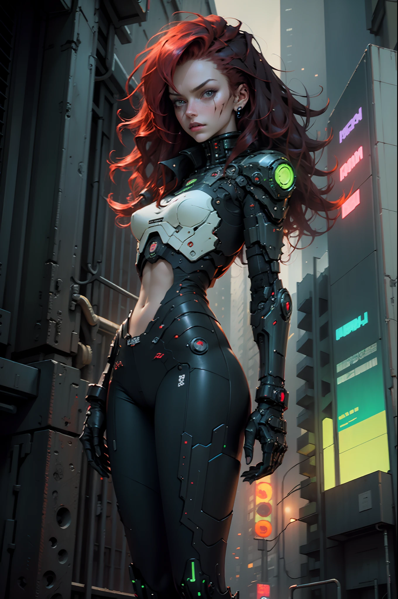 dark red wildly hair, Woman, cybernetic body parts, black and green clothes, standing in the middle of cyberpunk city, tall futuristic building, night