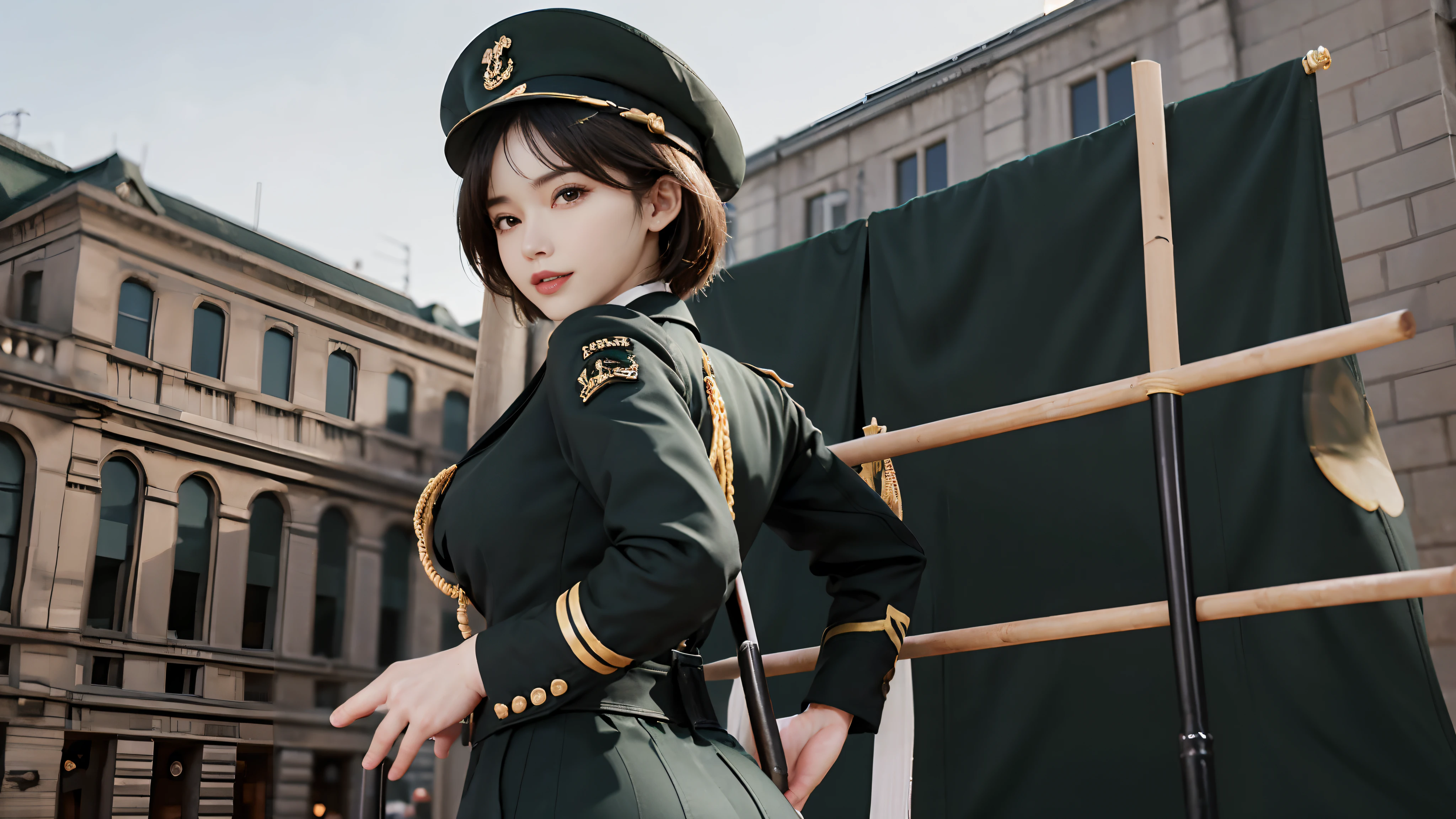 Usually detailed CG Unity 8K wallpaper，（tmasterpiece），（best qualtiy），（ultra - detailed），（Ultra photo realsisim），（best character detail：1.36），Nikon D750 f / 1.4 55mm，profesional lighting， physically-based renderingt, 1girll, Female soldier，army suit，Dark green military uniform，Fabric texture military uniform，Pure white lining，Dark green tie，bucket-hat，Black hair，the golden ratio,[:(com rosto detalhado:1.2):0.2]:，PureErosFace_V1, broad shoulder,(Bigchest:1.5),(big assa:1.5),(stick out buttocks:1.5),squatt，Look back，red flags，In the square，Splendid scenery，bright sun，RAW photogr，photore，hand on own hip， Flag of China，Night Street，lighting，Contre-Jour，Bright smile，White teeth，