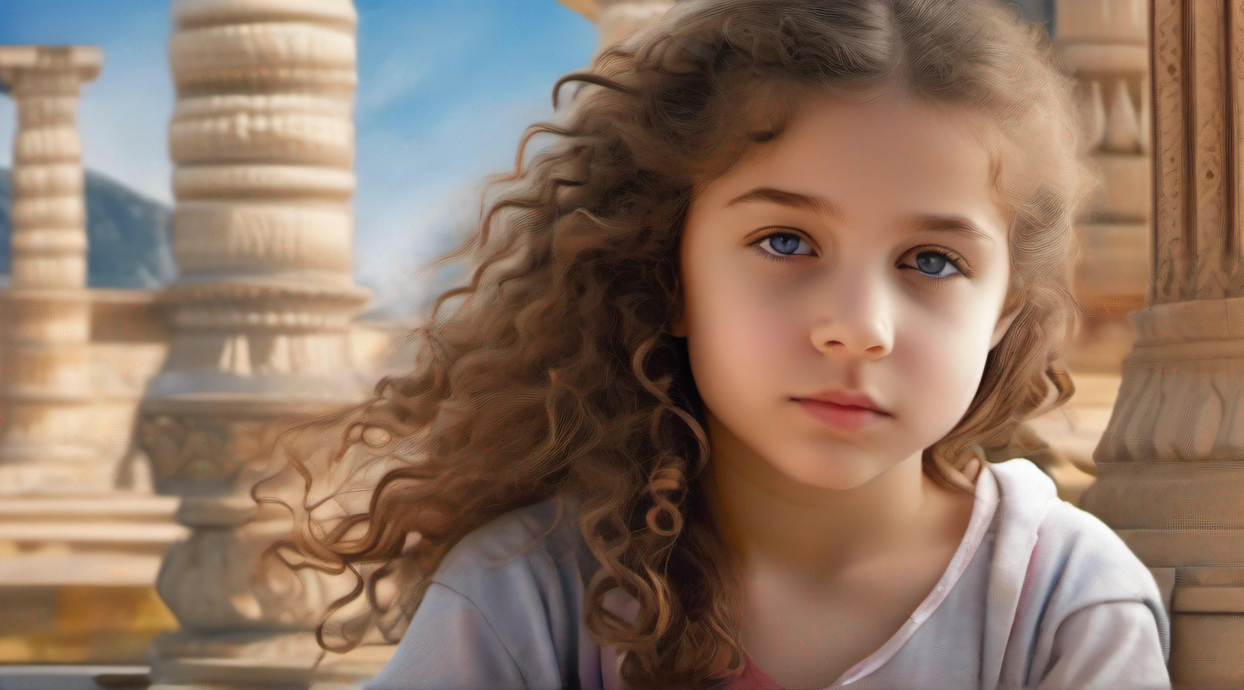 Beautiful girl, , with curly hair, looking concentrated, facing the camera with her sweet and affectionate way, high resolution 8k realistic photo, cinematic background of an greece temple (masterpiece, top quality, best quality, official art, beautiful and aesthetic:1.2), (1girl:1.3), extreme detailed,colorful,highest detailed,(watercolour painting:1.3), optical mixing, playful patterns, lively texture, rich colors, unique visual effect