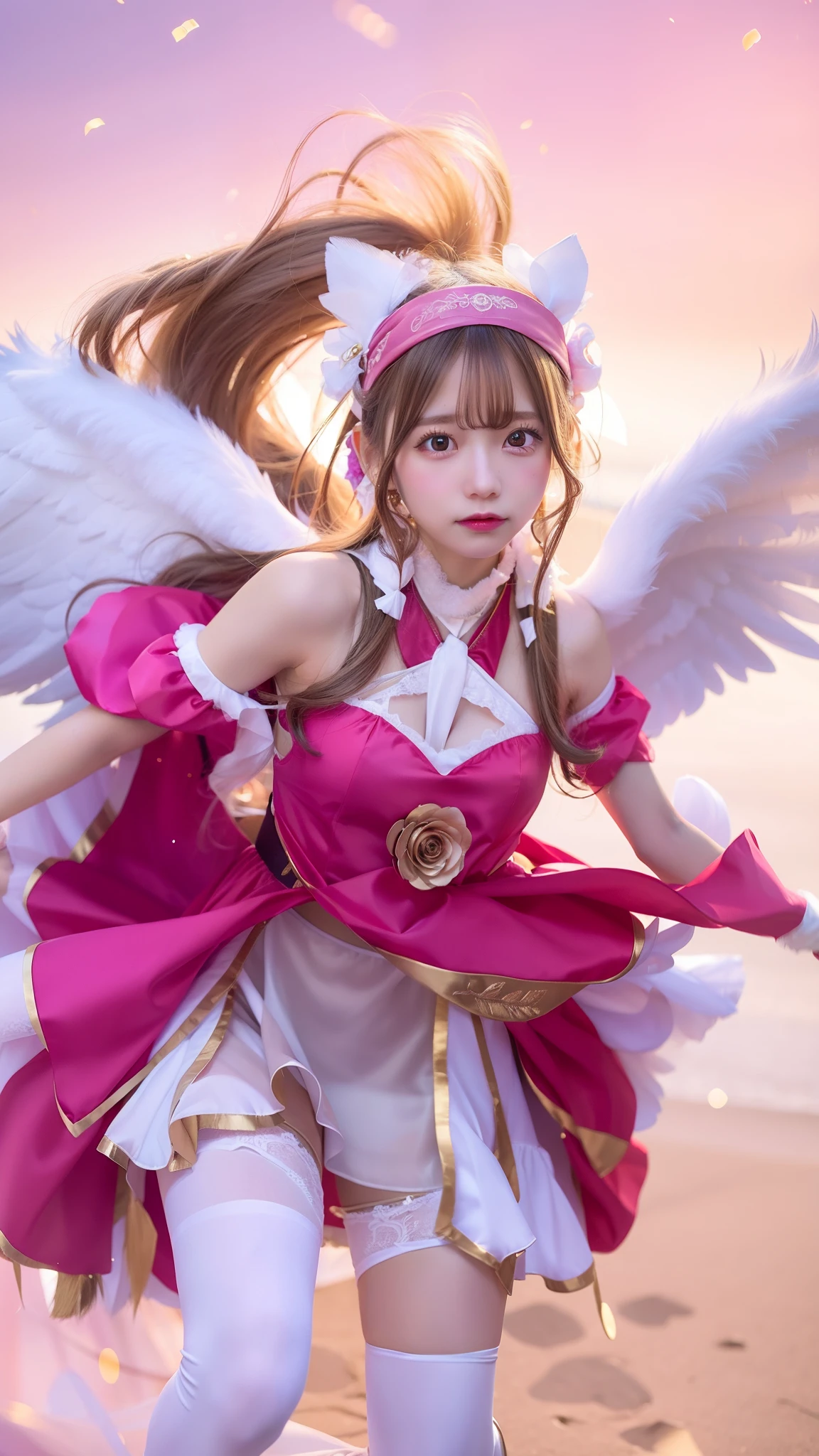 1 girl, long hair, gold hair, rose bandana, pink dress, white wing, white stocking, big breast, ultra high res, ultrq details, 8k,
