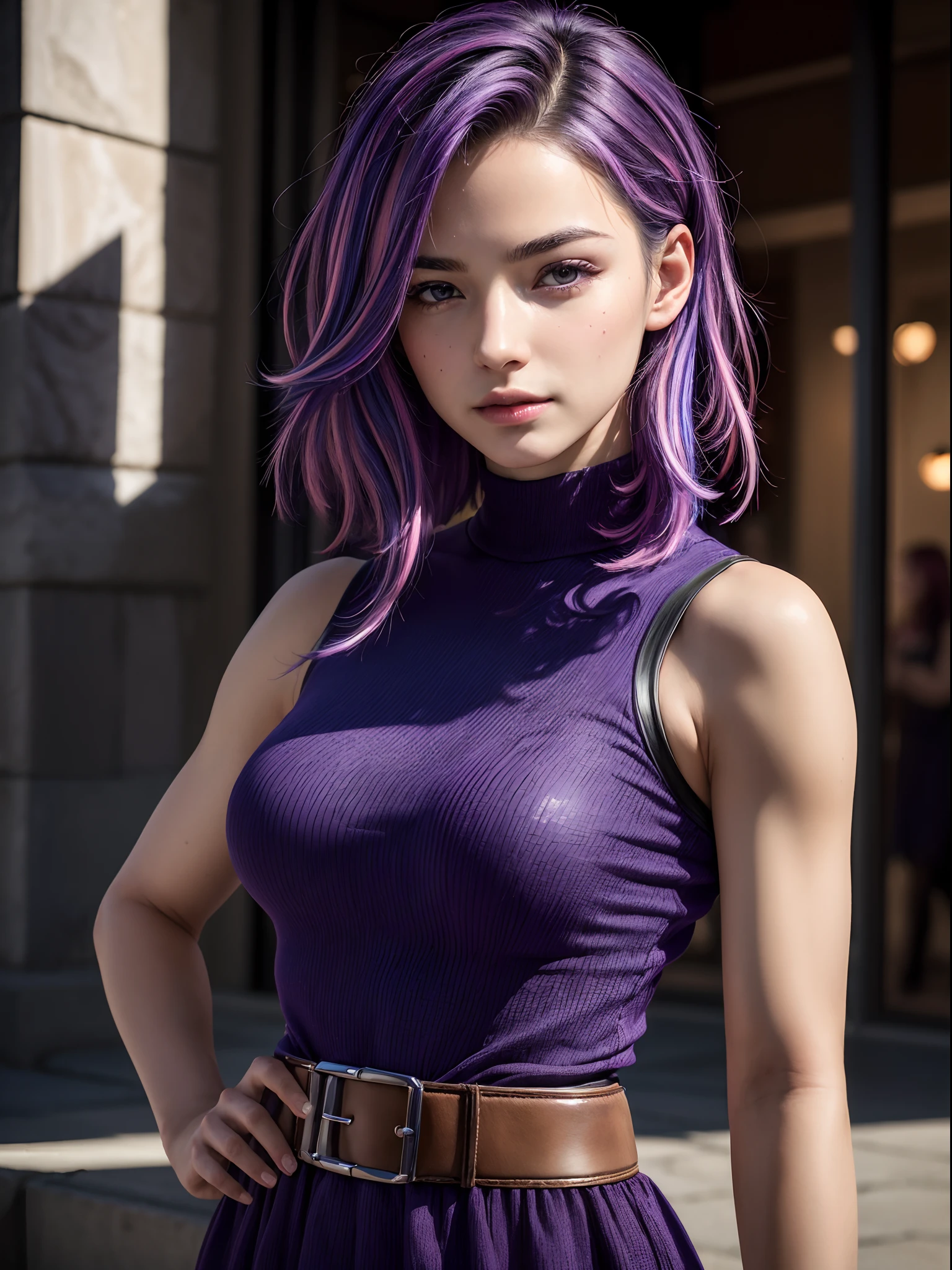 (masterpiece, best quality:1.4), (kicking:1.2), 1girl, solo, (european youth:1), lady nagant, boku no hero academia, (purple hair), (multicolored hair), (purple eyes), black dress, sleeveless, breasts, belt, medium breasts, city park, looking at viewer, beautifull smile, beautiful face, highly detailed face, highly detailed eyes, highly detailed skin, skin pores, subsurface scattering, realistic pupils, full face blush, full lips, detailed background, depth of field, volumetric lighting, sharp focus, absurdres, realistic proportions, good anatomy, (realistic, hyperrealistic:1.4), 16k hdr,