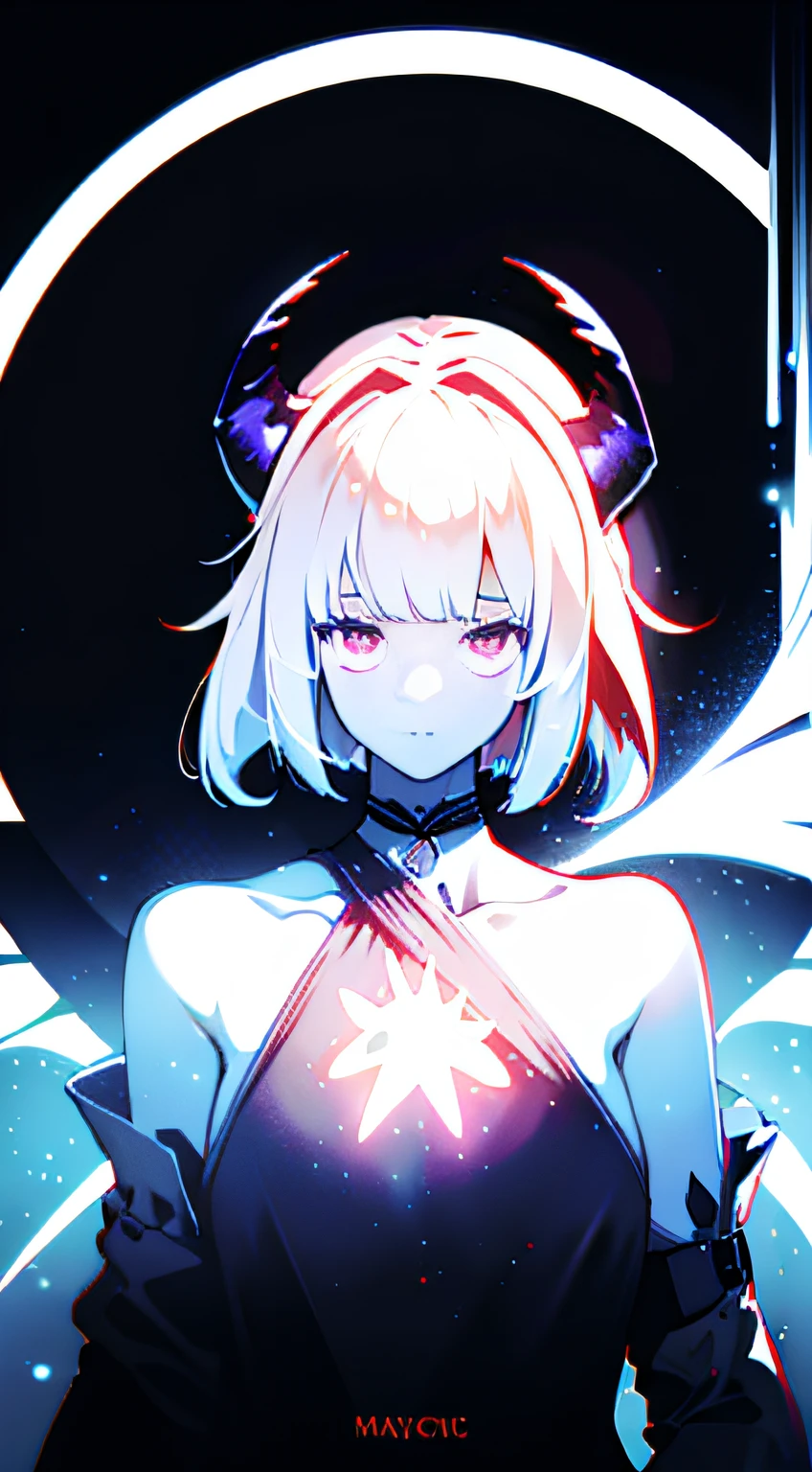 realistic, 1girl, white hair, horns, red eyes, glowing, bare shoulders, glowing eyes, magic circle, light particles, light rays, wallpaper, demon, pale skin