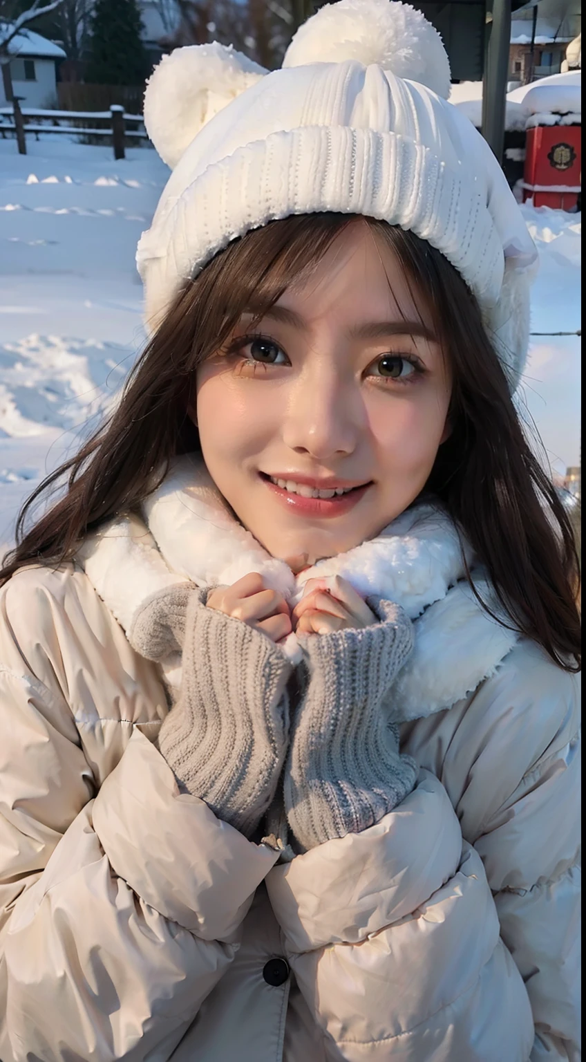 （（top-quality，8K，tmasterpiece：1.3）），cute women，1个Giant Breast Girl，，dark brown  hair，down jacket，Super detailed face，Detailed lips，Detailed eyes，二重まぶた，（：1.2）in snow，Underwear snow，grin，wearing a cute hat，围巾，mitts