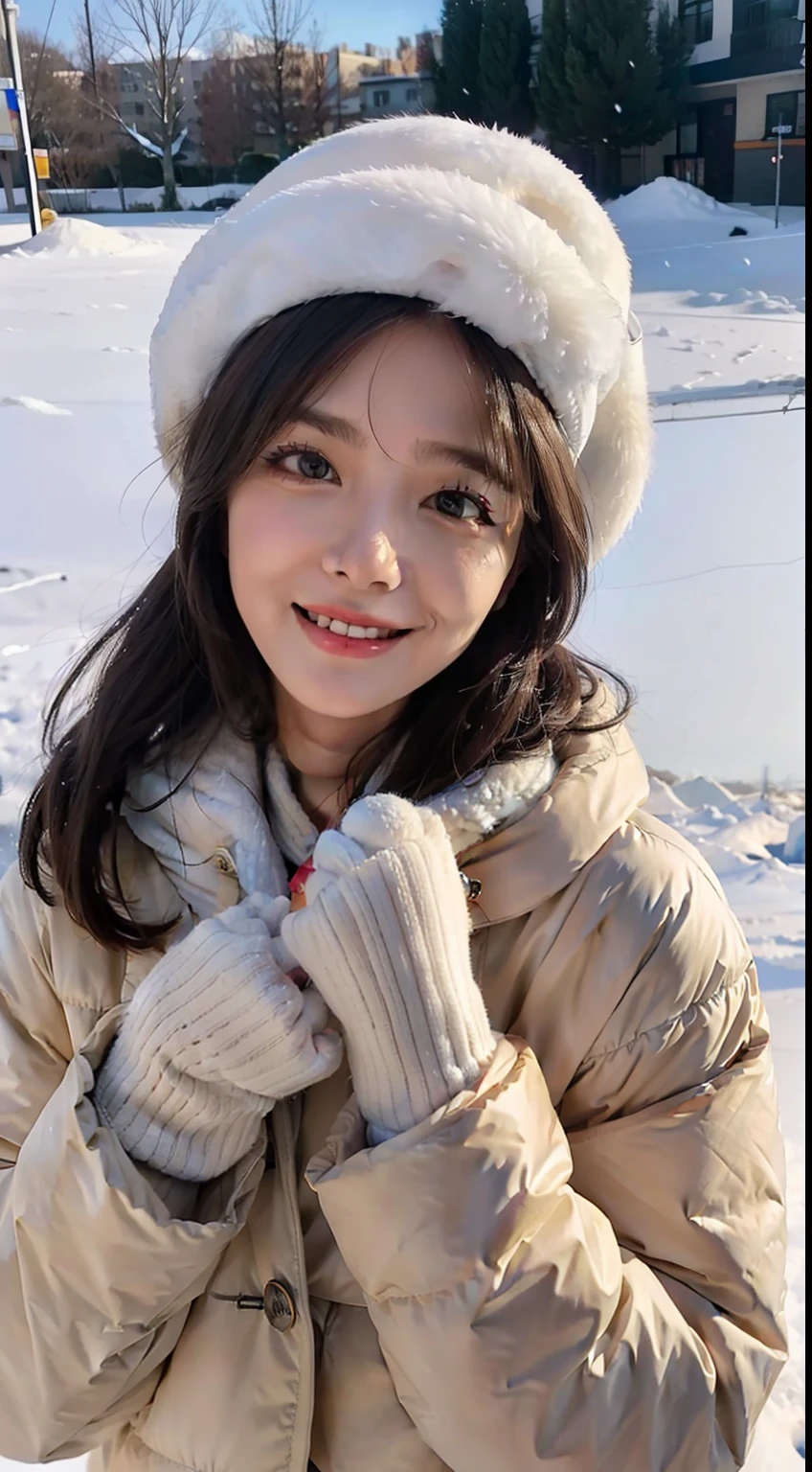 （（top-quality，8K，tmasterpiece：1.3）），cute women，1个Giant Breast Girl，，dark brown  hair，down jacket，Super detailed face，Detailed lips，Detailed eyes，二重まぶた，（：1.2）in snow，Underwear snow，grin，wearing a cute hat，围巾，mitts