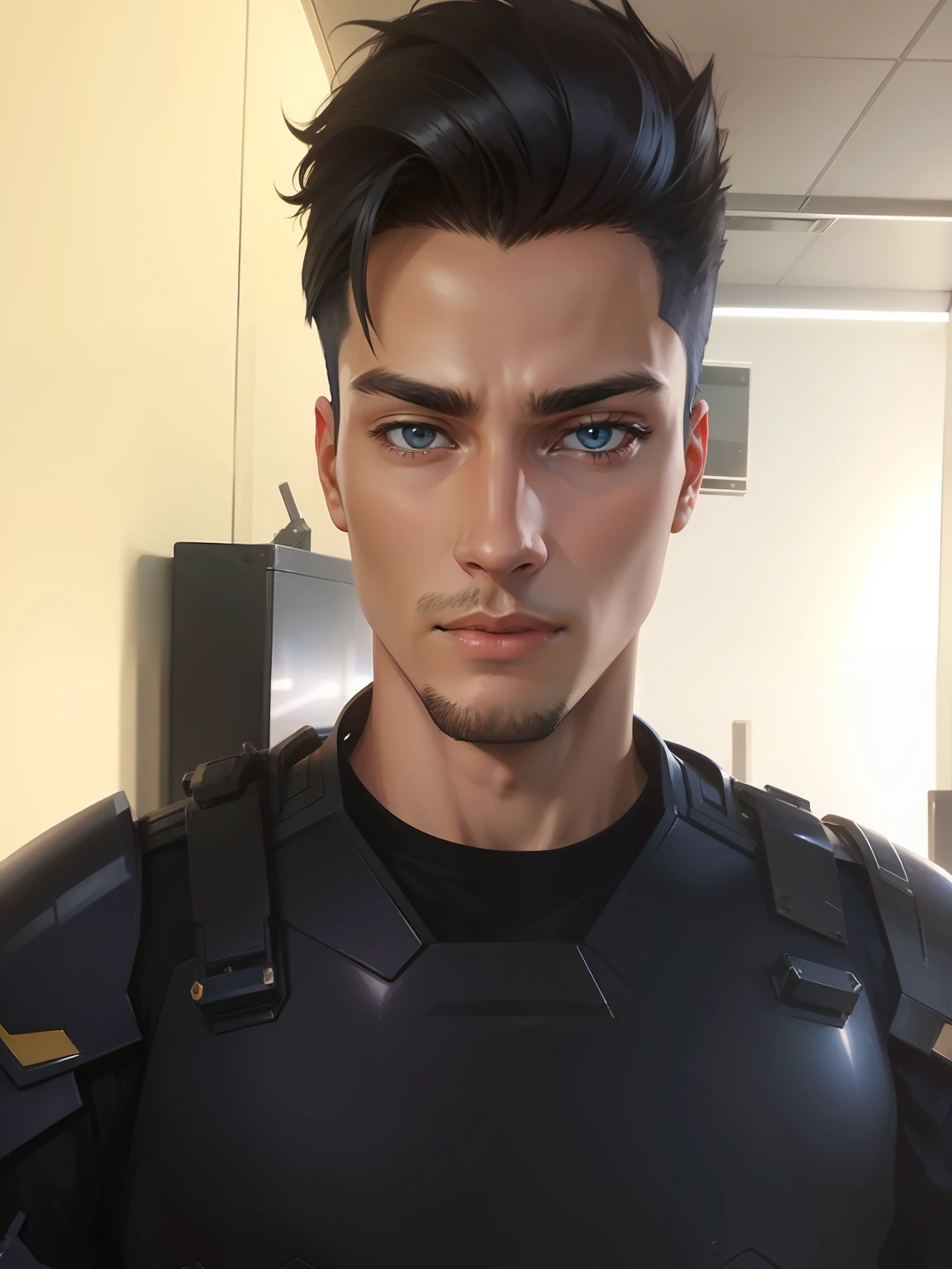 25-year-old wearing a navy blue male battle suit glued to the futuristic body and with chrome detail on the breastplate from one shoulder to the other in anime version