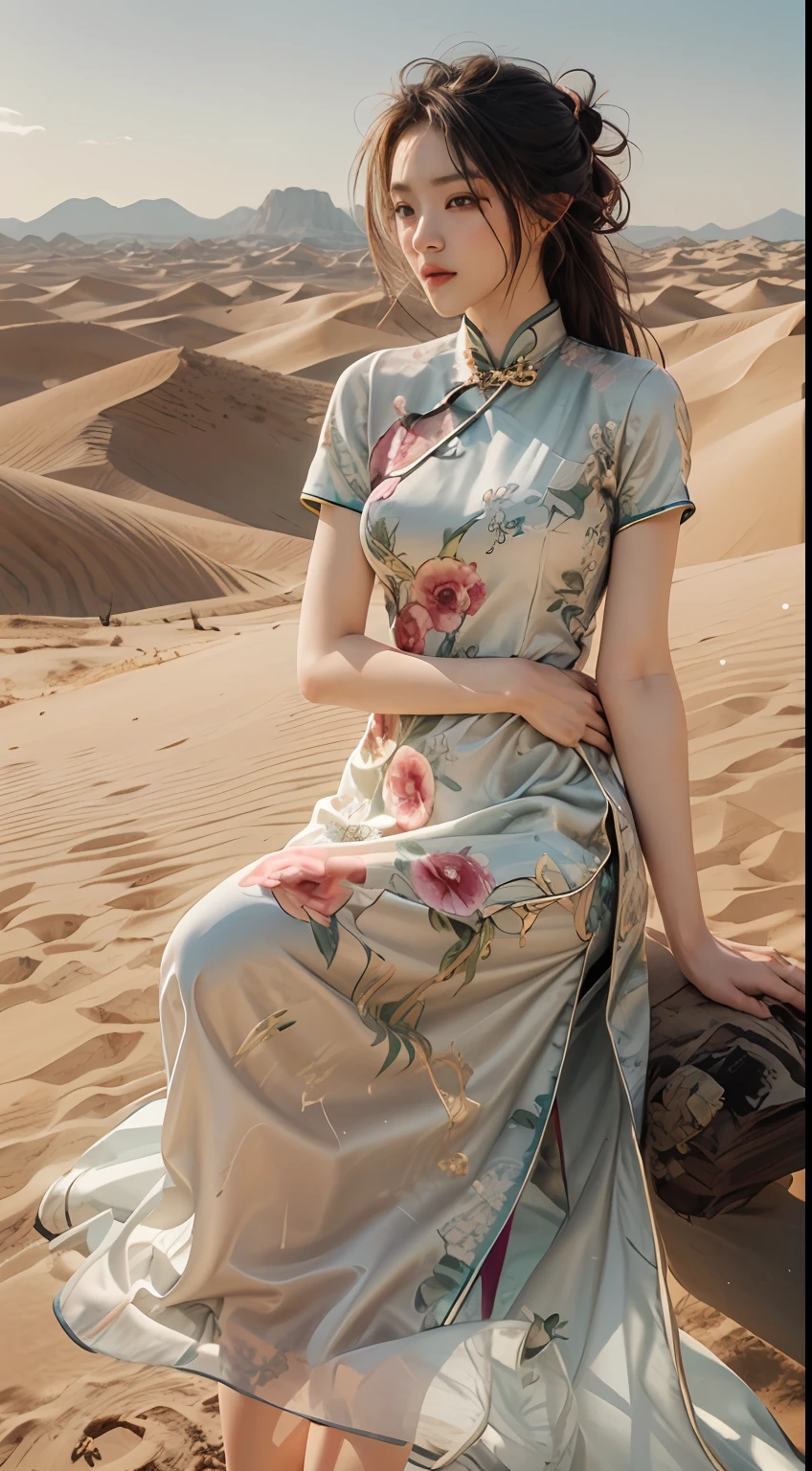 ((Masterpiece)), ((High detail)), photography of，real photograph，1 Cheongsam Girl, wearing  cheongsam，silky cheongsam，silky cheongsam，((Ultra-detailed)),((Delicate face)), Beautiful detailed eyes, (high light,Gradient hair),Long hair, Floating hair, ,hairs between eyes, GSHead,1girll ,Solo,The eye,Genshin_impact,Look at the viewer, ((Distant view)), Foot wide-angle shooting, Strong light and shadow, Cinema lenses，tmasterpiece，Super quality， A desert，on cheongsam，Silk cheongsam，18yr old，Big eyes，Long hair coiled，Sunset afterglow，entire character，cropped shoulders，Long legs，full bodyesbian，8K，Ultra-clear resolution，Ultra-fine painting，Flat desert，Distant horizon，Vast desert，Sand，Dressed in a flowing manner、Silky traditional oriental cheongsam，Decorated with intricate patterns and bright colors，Highlights her seductive silhouette，((The background is a large flat desert)),tmasterpiece，Ultra-realistic detailed painting，Epic fantasy digital art style，8K,wide wide shot，Diagonal composition，art of photography，（Extremely refined and beautiful），（tmasterpiece），（best qualtiy：1.0），（超A high resolution：1.0），beautiful light up，perfect lightning bolt，realistic shaded，[A high resolution]，Delicate skin，ultra - detailed，Slim figure，Long legs，Beautiful Meticulous Girl, absurderes, unbelievable Ridiculous, hugefilesize, ultra - detailed, A high resolution, The is very detailed，best qualtiy，tmasterpiece，Need,((tmasterpiece)), (A detailed),Super delicate，Epic fantasy digital art style，The girl has long flowing hair，Flat desert，Gobi，Vast desert，Desolate and lonely，Distant horizon，Sunset afterglow，((entire character)),hurricane，It was very windy，Big wind，It was very windy，Photos taken with a professional photography camera，Incredibly realistic textures,(1 girl away from the camera:1.2), (super wide shot),