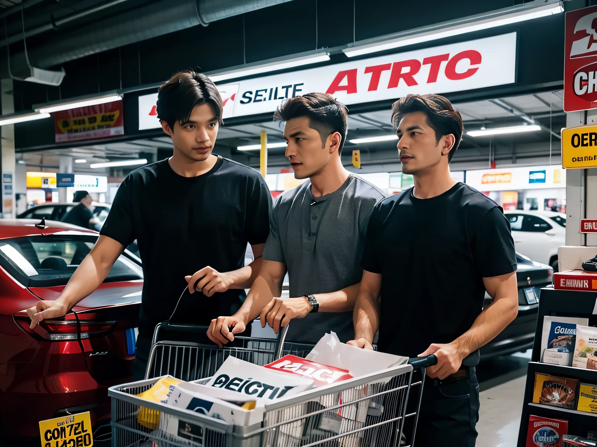 2 men，Shop for car supplies in casual wear at the auto supply supermarket，sface focus，Extreme depiction of facial detail