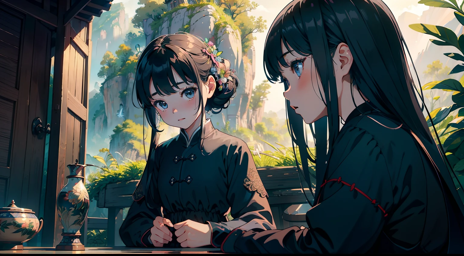 Best quality ,Masterpiece, illustration, An extremely delicate and beautiful, Extremely detailed ,CG ,Unity ,8K wallpaper, Amazing, finedetail, Masterpiece,Best quality,offcial art,Extremely detailed Cg Unity 8K wallpaper,Rural China,(Three -yeld gi,Black color hair,dual horsetail,Blue clothes),Upper body display,Three girls