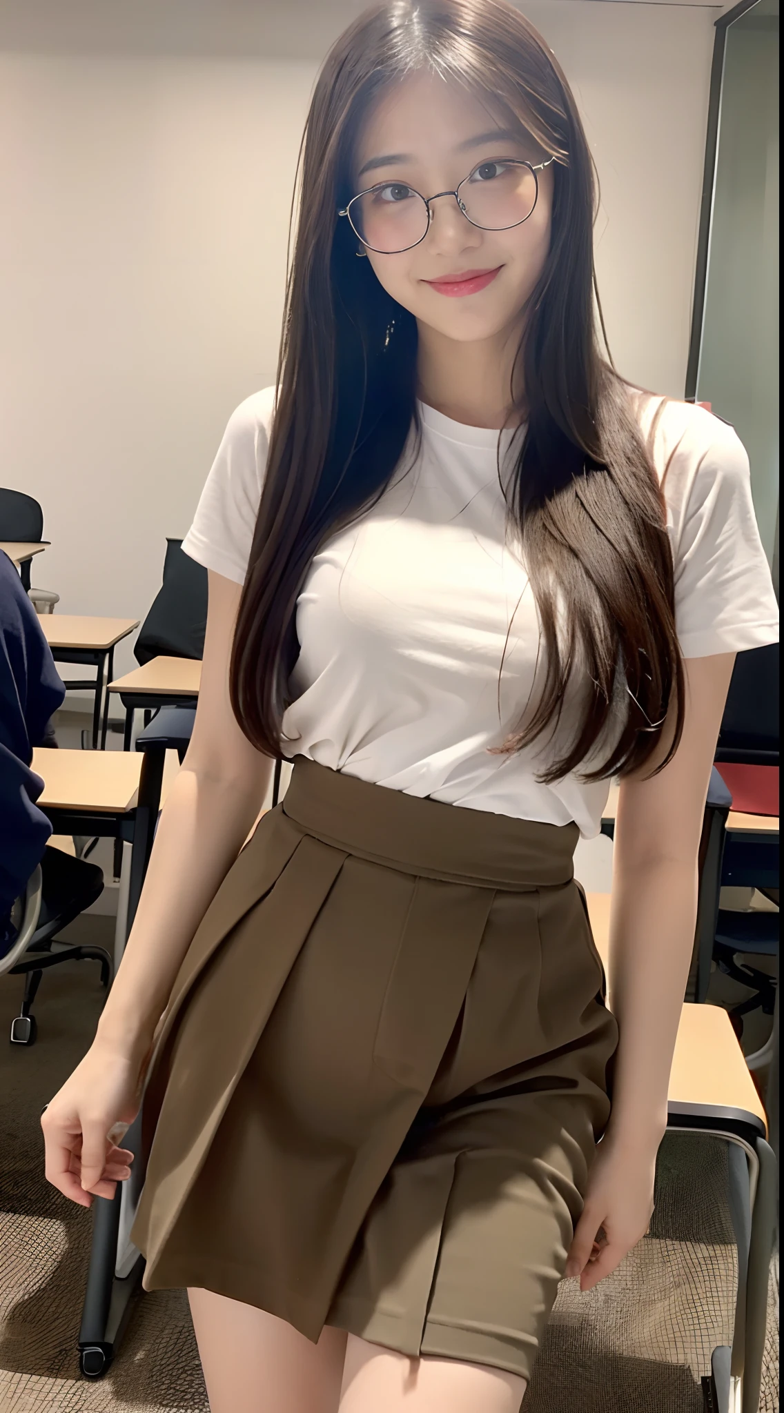 ((best qualtiy, 8K, tmasterpiece:1.3)), Focus:1.2, perfect figure beautiful woman:1.4, Tight fitting shirts(Long pink hair)(Very short pleated skirt)Cocked buttocks(leg wide open):1.1, Highly detailed facial and skin texture, A detailed eye, 二重まぶた,Whiten skin,ssmile,young 17 years old,wears glasses,((in class room))babyfat,Full body photo,Larger breasts,Correct limbs