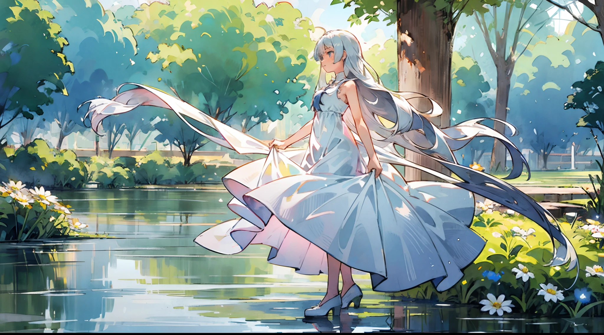 "A girl with flowing white long hair, elegantly dressed in a sleeveless white gown, stands gracefully in an expansive empty room looking sadly and holds a single daisy flower