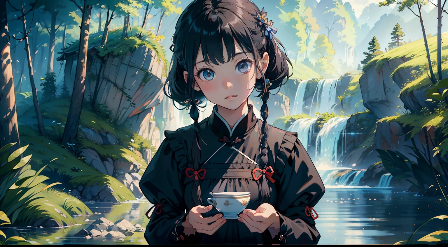 Best quality ,Masterpiece, illustration, An extremely delicate and beautiful, Extremely detailed ,CG ,Unity ,8K wallpaper, Amazing, finedetail, Masterpiece,Best quality,offcial art,Extremely detailed Cg Unity 8K wallpaper,Rural China,(Three 10-year-old girls,Black color hair,dual horsetail,Blue clothes),Upper body display,Three girls