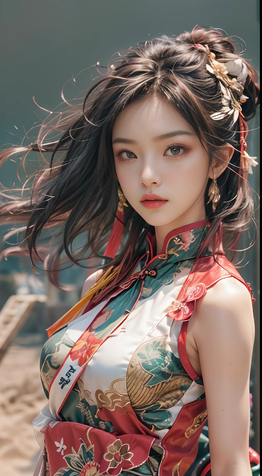 ((Masterpiece)), ((High detail)), photography of，real photograph，1 Cheongsam Girl, wearing  cheongsam，silky cheongsam，silky cheongsam，((Ultra-detailed)),((Delicate face)), Beautiful detailed eyes, (high light,Gradient hair),Long hair, Floating hair, ,hairs between eyes, GSHead,1girll ,Solo,The eye,Genshin_impact,Look at the viewer, ((Distant view)), Foot wide-angle shooting, Strong light and shadow, Cinema lenses，tmasterpiece，Super quality， A desert，on cheongsam，Silk cheongsam，18yr old，Big eyes，Long hair coiled，Sunset afterglow，entire character，cropped shoulders，Long legs，full bodyesbian，8K，Ultra-clear resolution，Ultra-fine painting，Flat desert，Distant horizon，Vast desert，Sand，Dressed in a flowing manner、Silky traditional oriental cheongsam，Decorated with intricate patterns and bright colors，Highlights her seductive silhouette，((The background is a large flat desert)),tmasterpiece，Ultra-realistic detailed painting，Epic fantasy digital art style，8K,wide wide shot，Diagonal composition，art of photography，（Extremely refined and beautiful），（tmasterpiece），（best qualtiy：1.0），（超A high resolution：1.0），beautiful light up，perfect lightning bolt，realistic shaded，[A high resolution]，Delicate skin，ultra - detailed，Slim figure，Long legs，Beautiful Meticulous Girl, absurderes, unbelievable Ridiculous, hugefilesize, ultra - detailed, A high resolution, The is very detailed，best qualtiy，tmasterpiece，Need,((tmasterpiece)), (A detailed),Super delicate，Epic fantasy digital art style，The girl has long flowing hair，Silk Road，Flat desert，Gobi，Vast desert，Desolate and lonely，Distant horizon，Sunset afterglow，((entire character)),hurricane，Modern clothing，Silk scarves flutter in the wind，It was very windy，Big wind，It was very windy，Photos taken with a professional photography camera，Incredibly realistic textures,(1 girl away from the camera:1.2), (super wide shot),