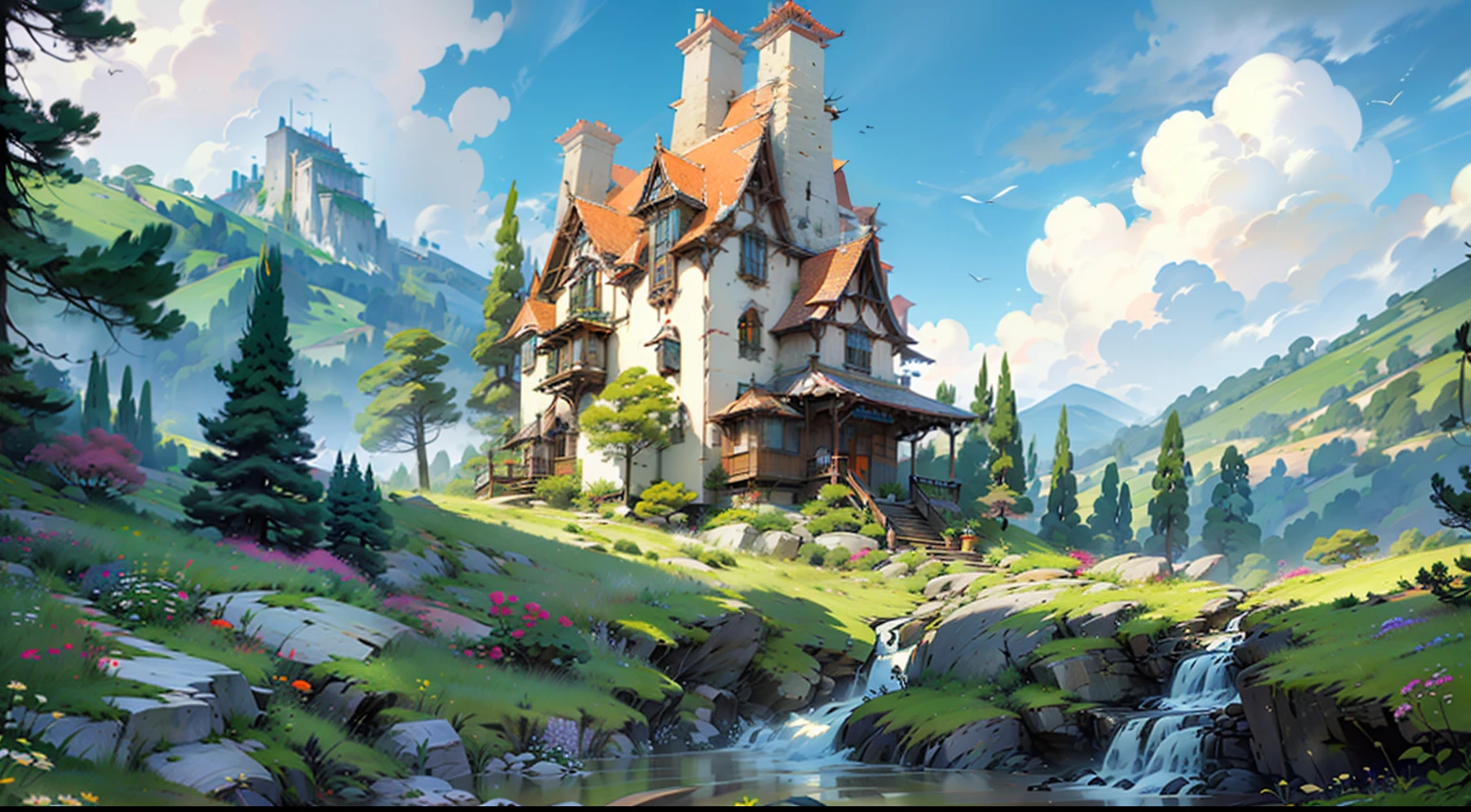 A white sci-fi complex,Towering over the landscape,Built in the mountains,