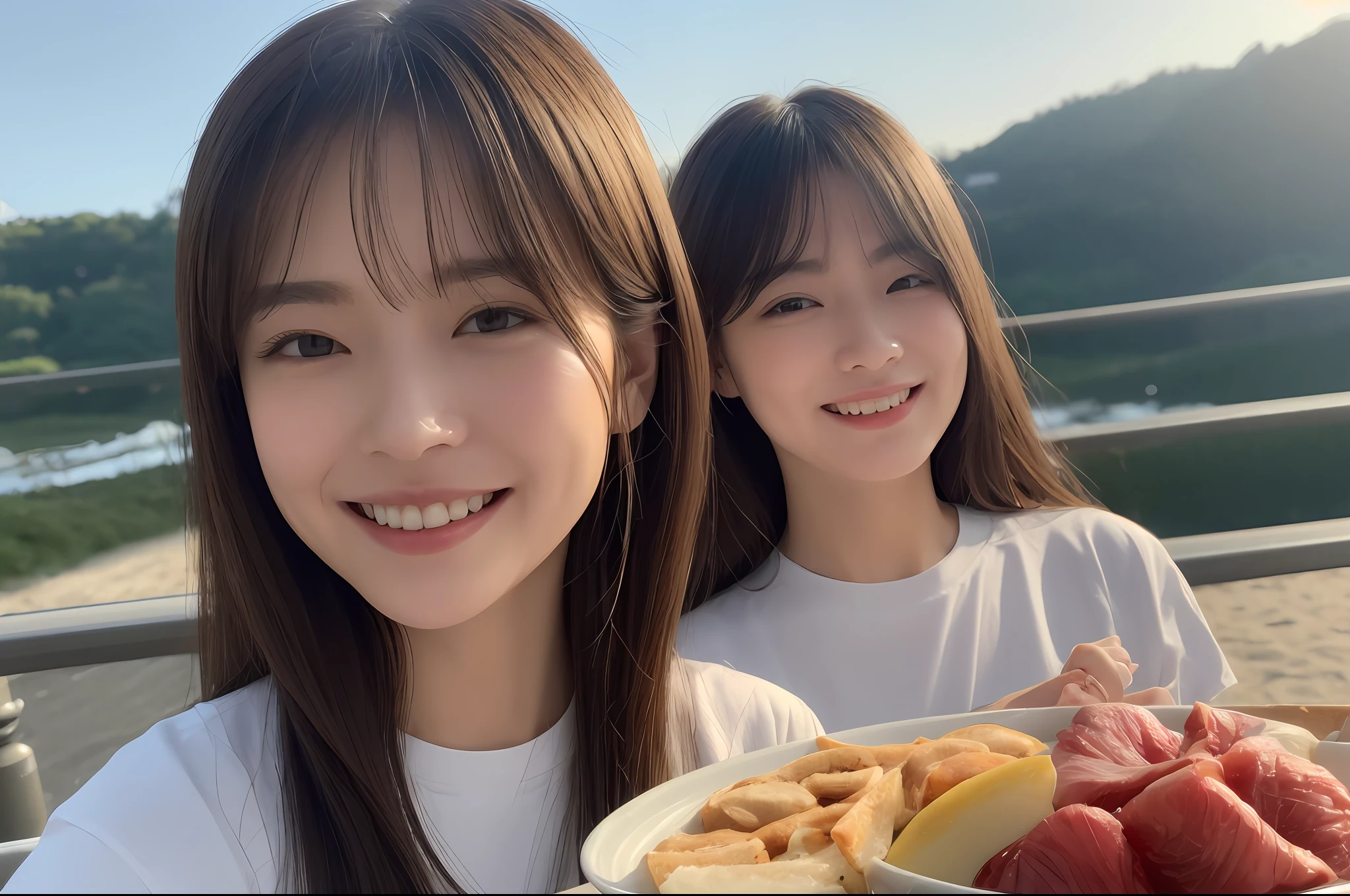 ((Realistic lighting、top-quality、8K、masterpiece:1.3))、Clear Focus:1.2、1girl in、Perfect figure:1.4、((dark brown hair))、(White shirt:1.1、denim)、(BBQ:1.5、Eating yakiniku)、(the beach、daytime)、Super fine face、A detailed eye、Narrow-eyed、二重まぶた、a smile