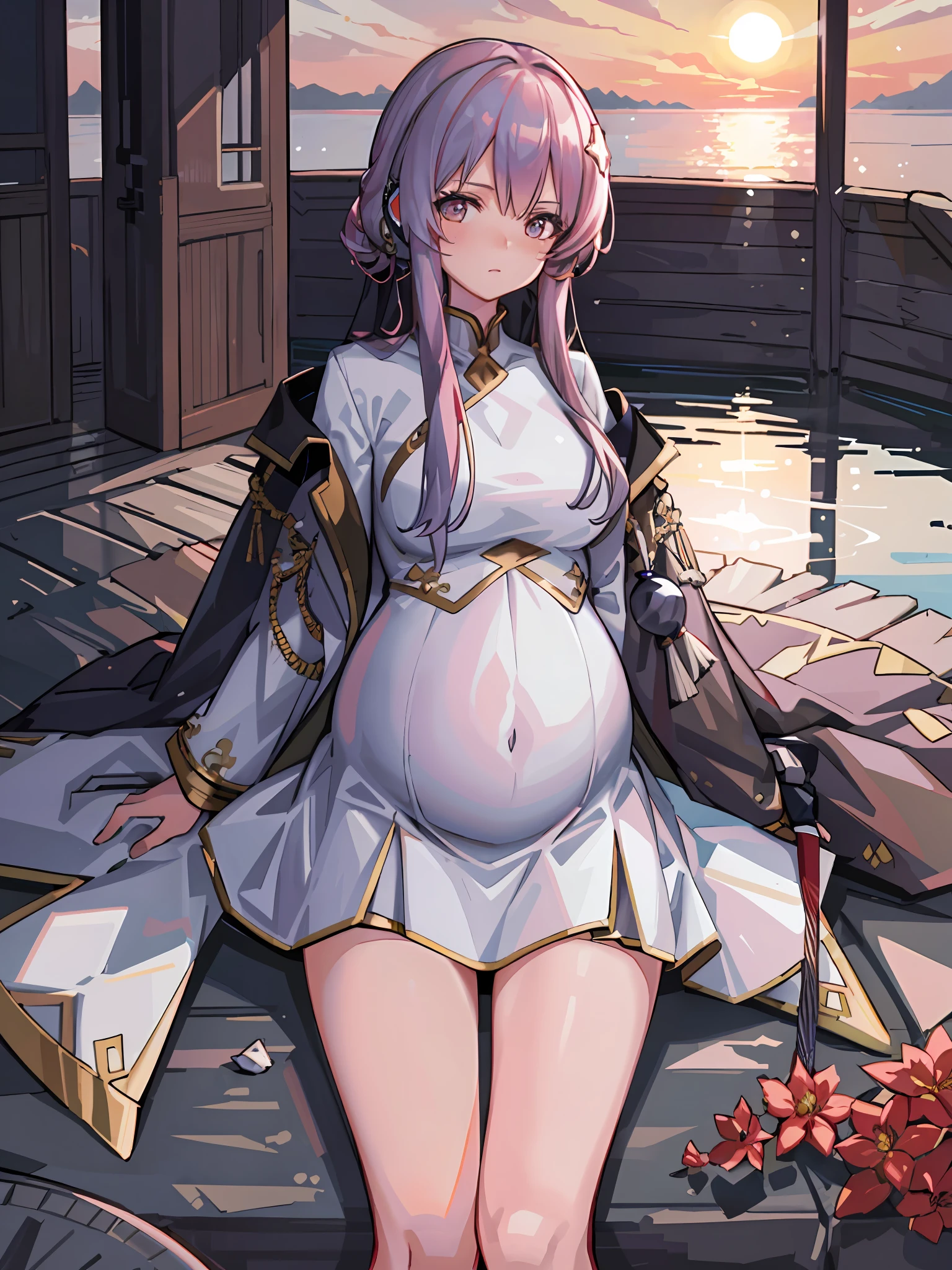 (tmasterpiece,best qualtiy:1.2),Hyper-detailing,cinmatic lighting,hdr,1girll,the lora,illustratio,landsape,sunraise,lakes,Impressive,chilly,Inspirational,Earphone,,Pregnant belly,Pregnant belly