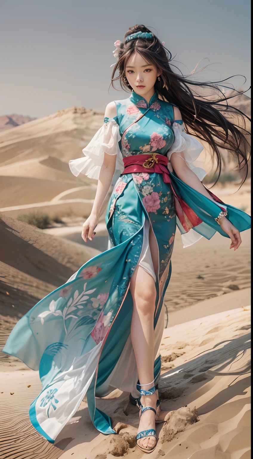 ((Masterpiece)), ((High detail)), photography of，real photograph，1 Cheongsam Girl, wearing  cheongsam，silky cheongsam，silky cheongsam，((Ultra-detailed)),((Delicate face)), Beautiful detailed eyes, (high light,Gradient hair),Long hair, Floating hair, ,hairs between eyes, GSHead,1girll ,Solo,The eye,Genshin_impact,Look at the viewer, ((Distant view)), Foot wide-angle shooting, Strong light and shadow, Cinema lenses，tmasterpiece，Super quality， A desert，on cheongsam，Silk cheongsam，18yr old，Big eyes，Long hair coiled，Sunset afterglow，entire character，cropped shoulders，Long legs，full bodyesbian，8K，Ultra-clear resolution，Ultra-fine painting，Flat desert，Distant horizon，Vast desert，Sand，Dressed in a flowing manner、Silky traditional oriental cheongsam，Decorated with intricate patterns and bright colors，Highlights her seductive silhouette，((The background is a large flat desert)),tmasterpiece，Ultra-realistic detailed painting，Epic fantasy digital art style，Dunhuang art style，8K,wide wide shot，Diagonal composition，art of photography，（Extremely refined and beautiful），（tmasterpiece），（best qualtiy：1.0），（超A high resolution：1.0），beautiful light up，perfect lightning bolt，realistic shaded，[A high resolution]，Delicate skin，ultra - detailed，Slim figure，Long legs，Beautiful Meticulous Girl, absurderes, unbelievable Ridiculous, hugefilesize, ultra - detailed, A high resolution, The is very detailed，best qualtiy，tmasterpiece，Need,((tmasterpiece)), (A detailed),Super delicate，Epic fantasy digital art style，The girl has long flowing hair，Silk Road，Flat desert，Gobi，Vast desert，Desolate and lonely，Distant horizon，Sunset afterglow，((entire character)),hurricane，Modern clothing，Silk scarves flutter in the wind，It was very windy，Big wind，It was very windy，Photos taken with a professional photography camera，Incredibly realistic textures,(1 girl away from the camera:1.2), (super wide shot),