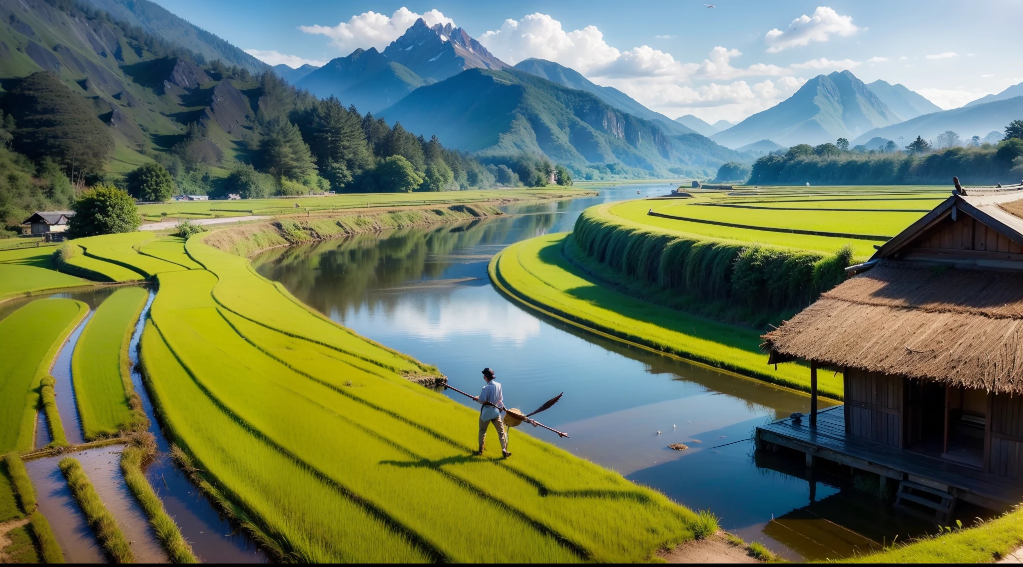 (Masterpiece), (super realistic), scenery, landscape, fresh air, morning sun, mountain, river, rice fields, farmers with his hoe, birds flying, hut  beside ricefields, near rural country