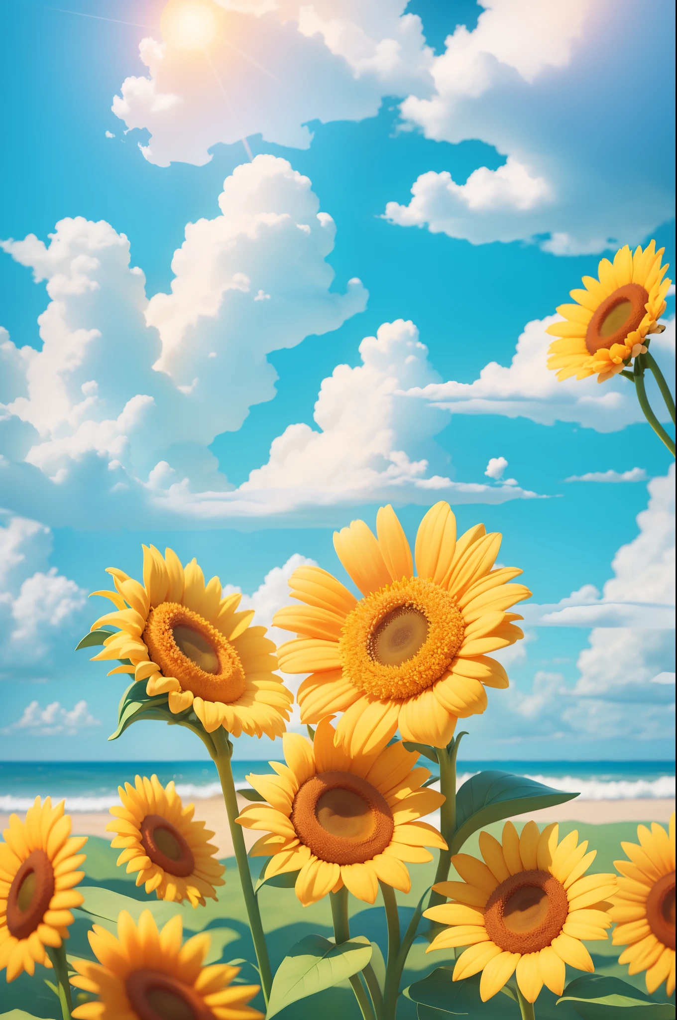 Summer clouds, one sun flower, sunny weather,sky, sunny, colorful, happy and happy summer vacation, simple picture, close-up, brilliant sunshine, distant waves, visual impact, 3D DreamWorks style,