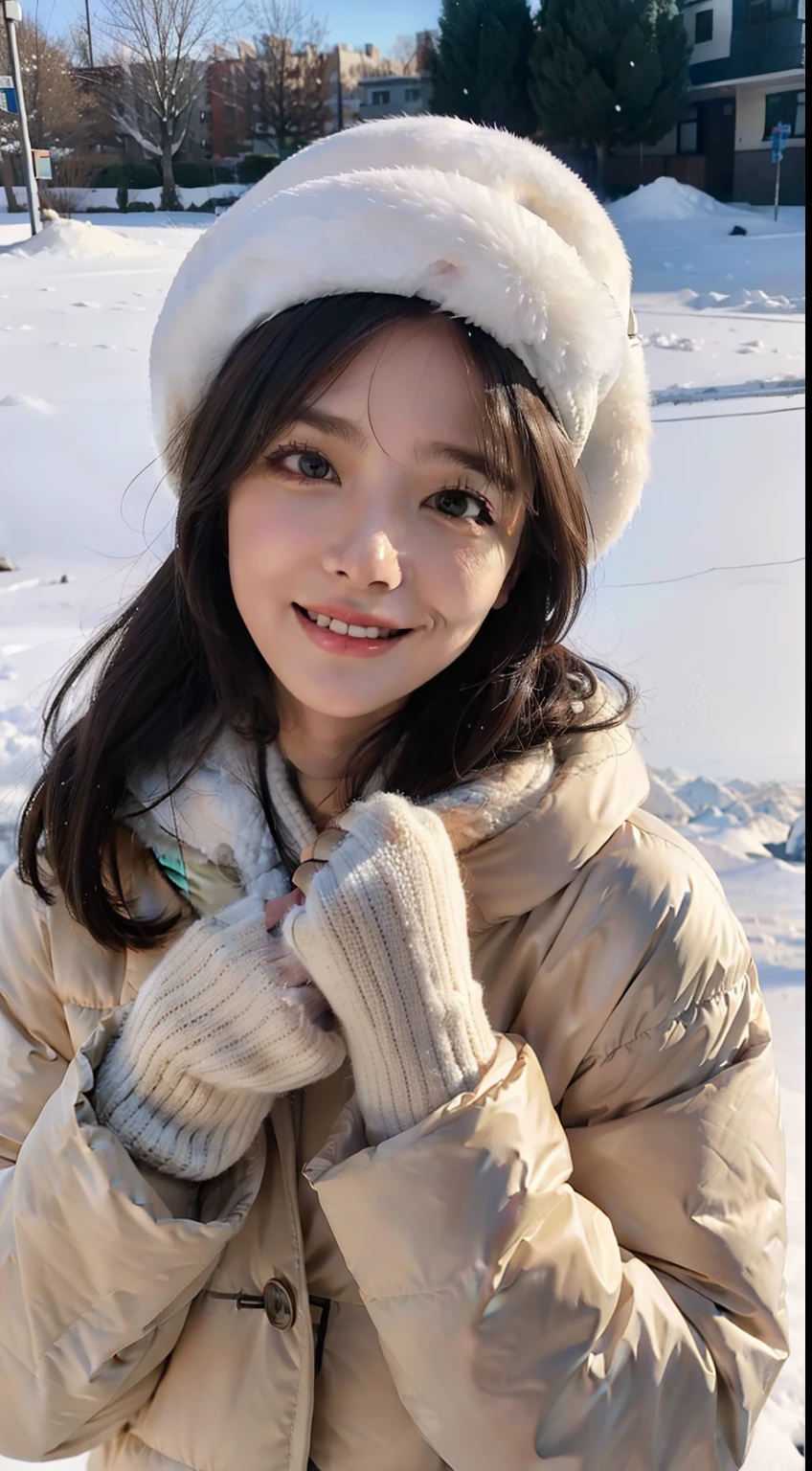 （（top-quality，8K，tmasterpiece：1.3）），cute women，1个Giant Breast Girl，，dark brown  hair，down jacket，Super detailed face，Detailed lips，Detailed eyes，二重まぶた，（：1.2）in snow，Underwear snow，grin，wearing a cute hat，围巾，mitts