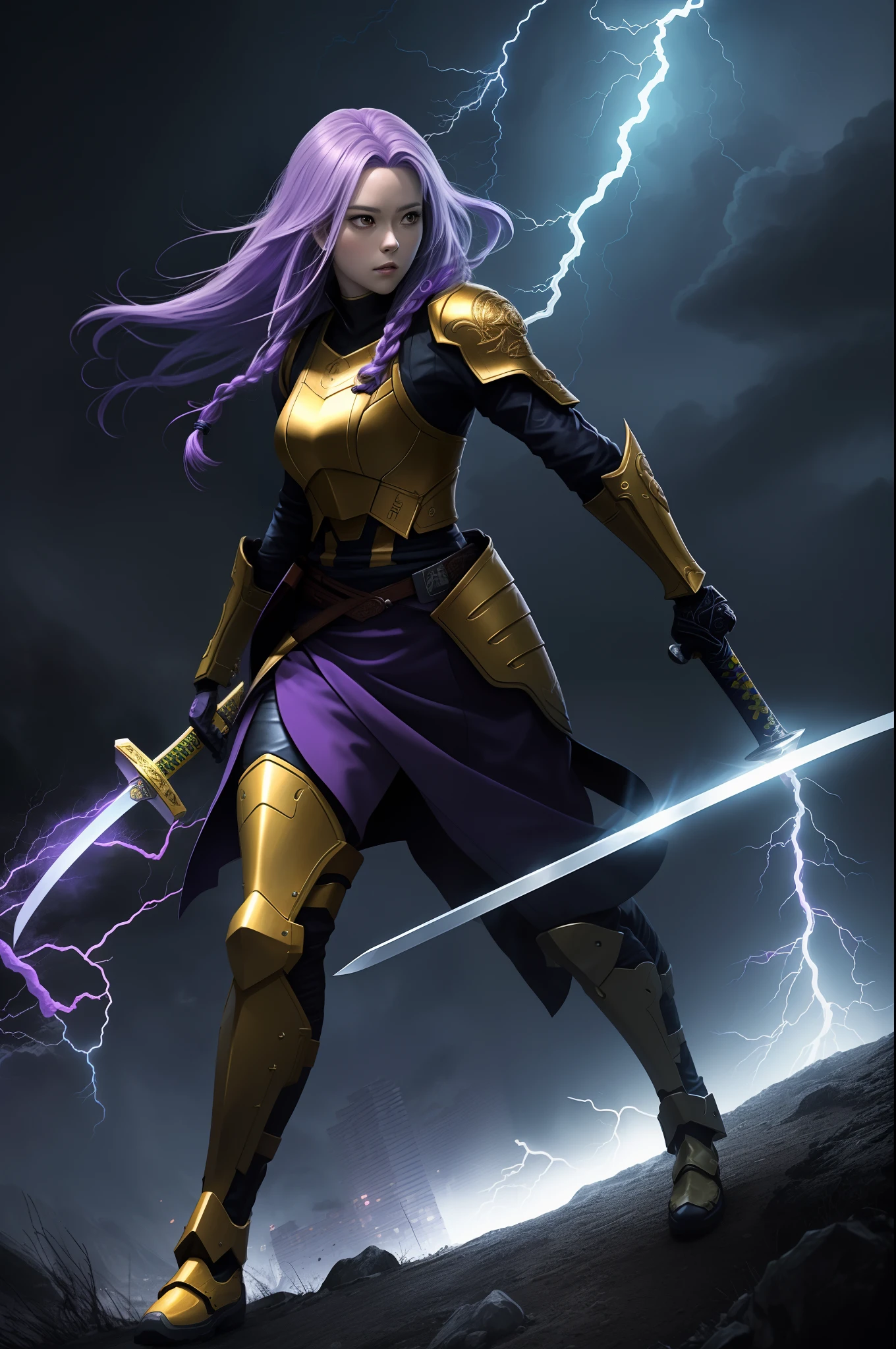 hyper realistic Full body, female anime character with long braided purple hair holding a Japanese sword, electricity and storm theme, intricate detailed background, glowing purple lighting, detailed shading, octane render