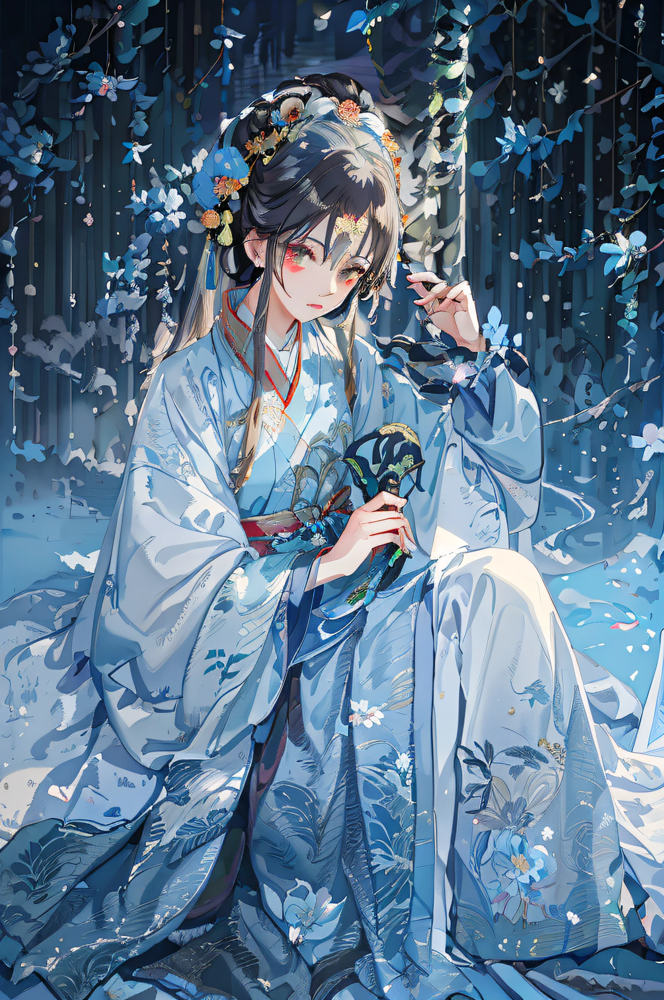 anime girl in a blue kimono with a sword and flowers, palace , a girl in hanfu, guweiz, artwork in the style of guweiz, guweiz on pixiv artstation, hanfu, flowing magical robe, white hanfu, guweiz on artstation pixiv, trending on cgstation, japanese art style, by Yang J