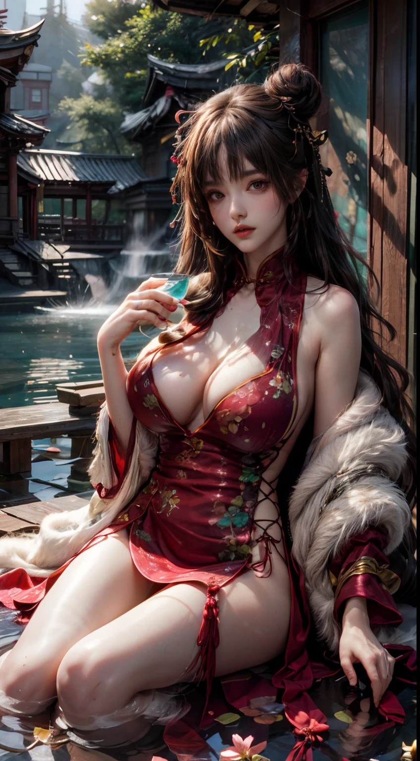 1girll, Wearing a gorgeous black patterned cheongsam, Sitting in the woods full of pink peach blossoms, Peach Blossom Pond,Soak in the hot springs,drinking alcohol, The chest is large, Exquisite facial features, Wine glass in hand, Full body photo, Chiaroscuro, Cinematic lighting, projected inset, hyper HD, Anatomically correct, Textured skin, ccurate, Super detail, High details, High quality, 8K