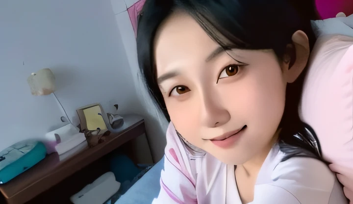 there is a woman that is laying down on a bed,Pillow with pink pillow, Middle metaverse, 19-year-old girl, 8K)), kanliu666, 18 years old, Chinese girl, 1 8 I, sakimichan, xintong chen, very very low quality, zmonzheng