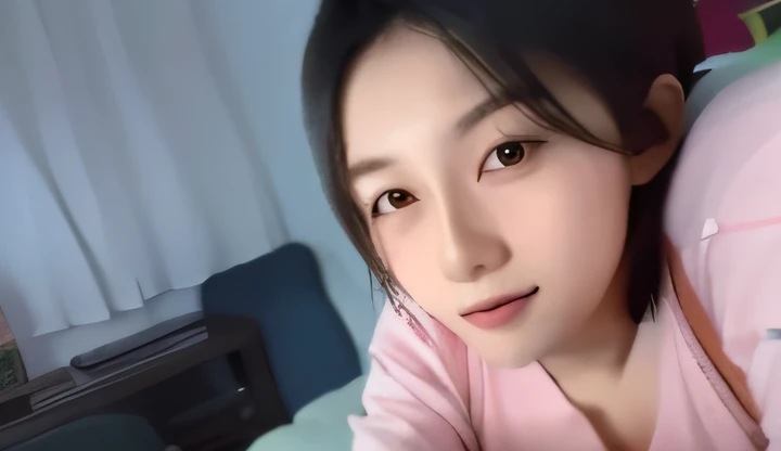 there is a woman that is laying down on a bed，Pillow with pink pillow, Middle metaverse, 19-year-old girl, 8K)), kanliu666, 18 years old, Chinese girl, 1 8 I, sakimichan, xintong chen, very very low quality, zmonzheng
