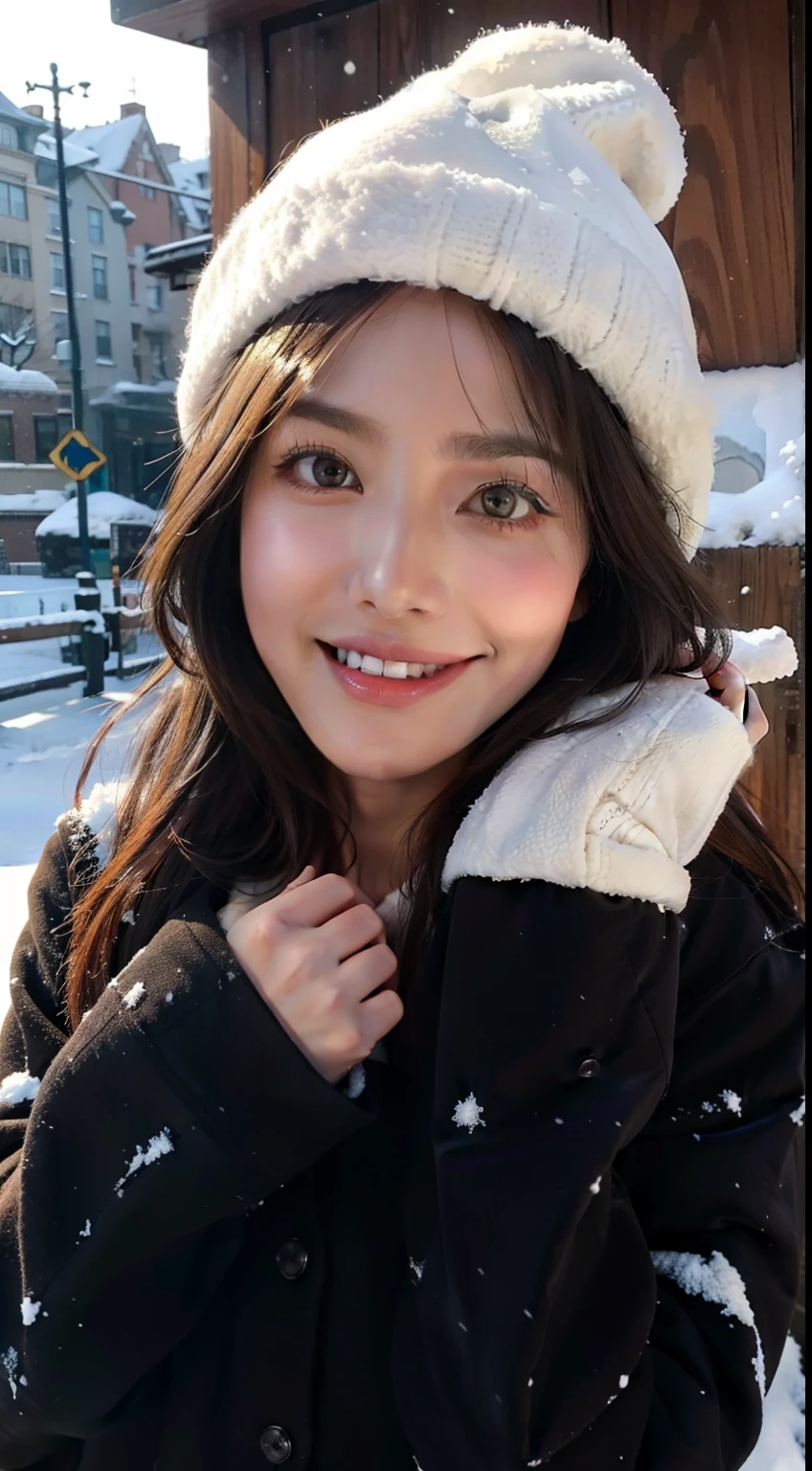 ((top-quality,8K,tmasterpiece:1.3)),cute women,1个Giant Breast Girl,,dark brown hair,down jacket,Super detailed face,Detailed lips,Detailed eyes,二重まぶた,(:1.2)in snow,Underwear snow,grin,wearing a cute hat,围巾,mitts