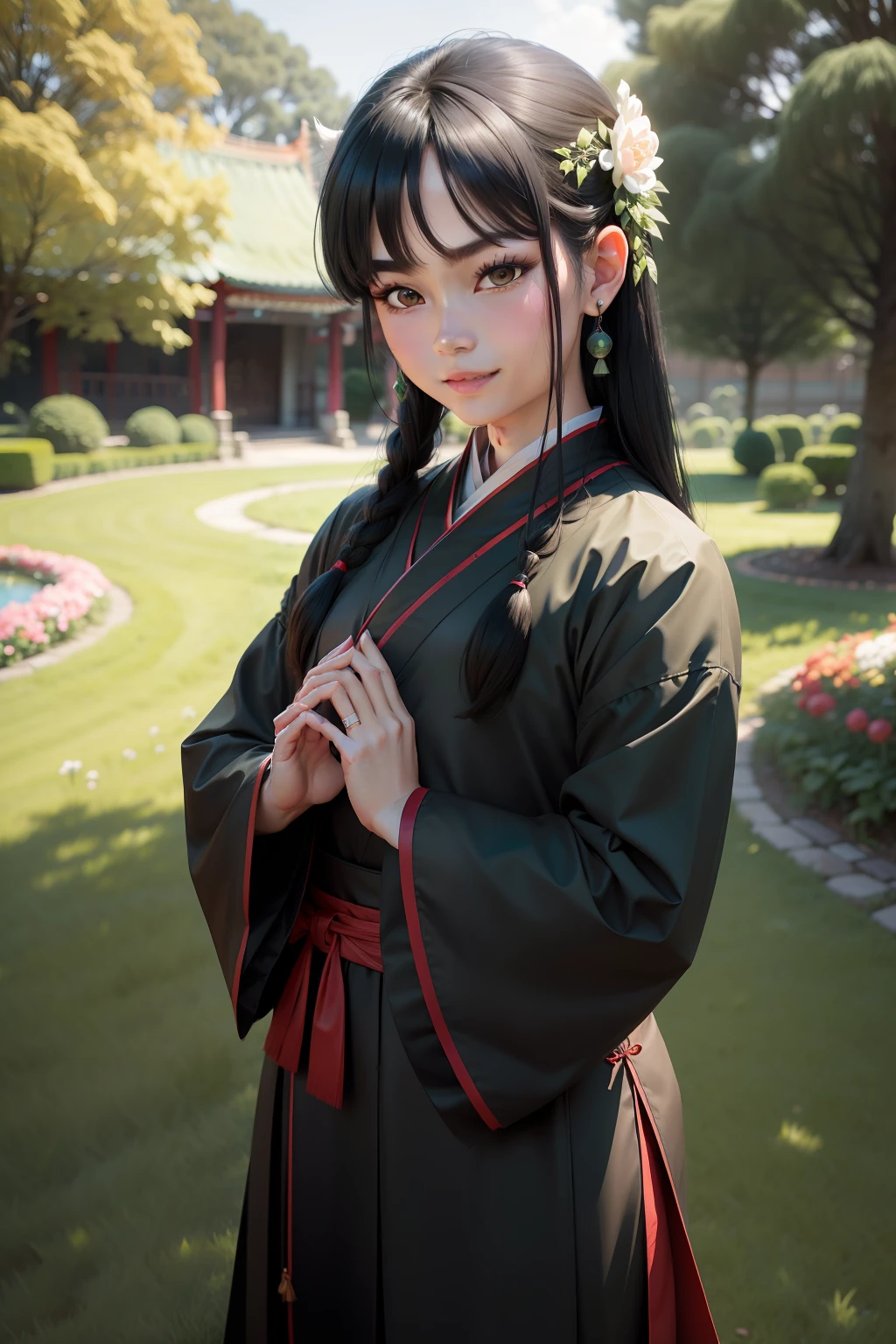 black hair, hair bobbles, wince, longeyelashes, solid circle eyes, light smile, ear blush, fang, Libido boy, stands in the garden, Green grass, In prayer, Hanfu, Traditional Chinese costumes, Surrealism, drop shadow, anaglyph, stereogram, tachi-e, pov, atmospheric perspective, 8k, super detail, ccurate, best quality