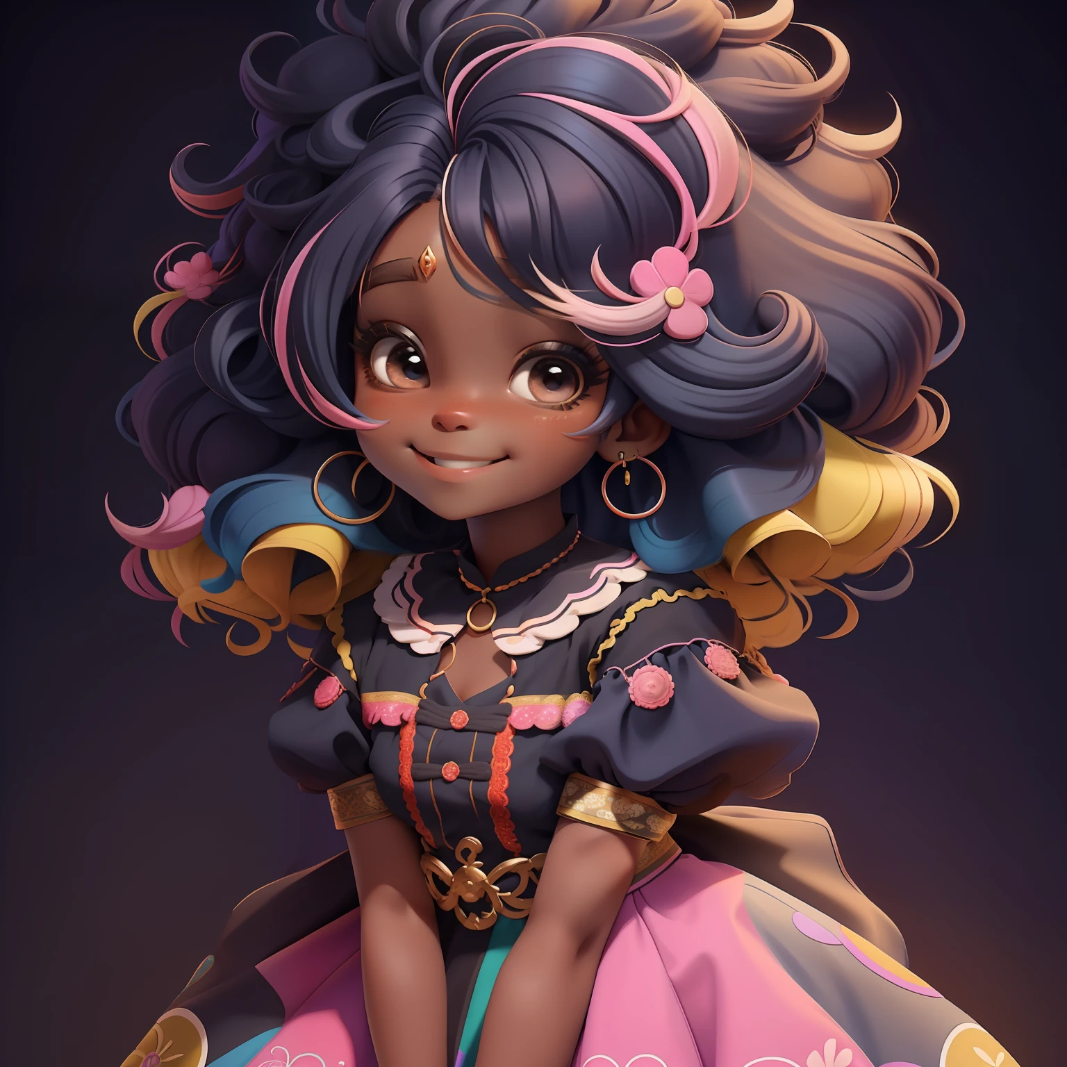 Loli girl, cabelo afro multicolorido estilo de cabelo, multicolorido, sorriso e olhos delicados, vestido de noite extravagante, fundo simples, Melhor Qualidade