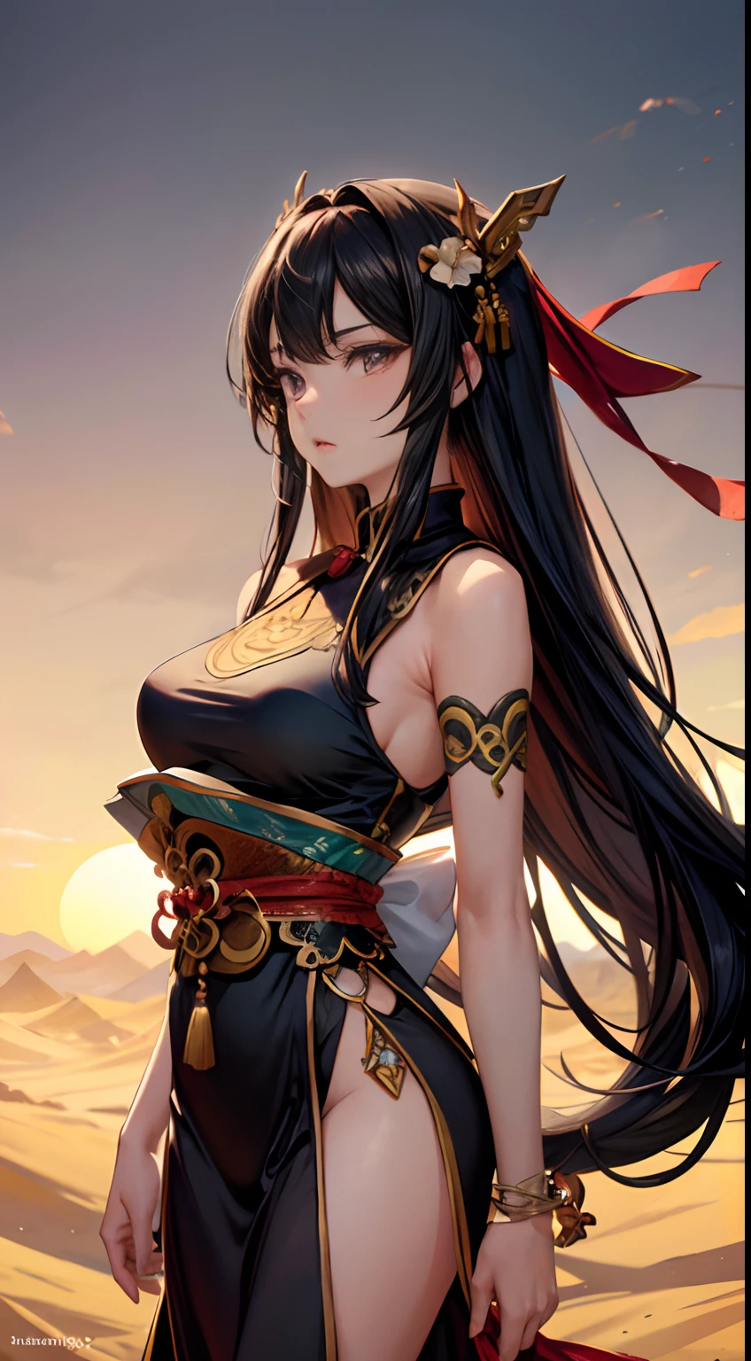 ((Masterpiece)), ((High detail)), photography of，real photograph，1 Cheongsam Girl, wearing  cheongsam，silky cheongsam，silky cheongsam，((Ultra-detailed)),((Delicate face)), Beautiful detailed eyes, (high light,Gradient hair),Long hair, Floating hair, ,hairs between eyes, GSHead,1girll ,Solo,The eye,Genshin_impact,Look at the viewer, ((Distant view)), Foot wide-angle shooting, Strong light and shadow, Cinema lenses，tmasterpiece，Super quality， A desert，on cheongsam，Silk cheongsam，18yr old，Big eyes，Long hair coiled，Sunset afterglow，entire character，cropped shoulders，Long legs，full bodyesbian，8K，Ultra-clear resolution，Ultra-fine painting，Flat desert，Distant horizon，Vast desert，Sand，Dressed in a flowing manner、Silky traditional oriental cheongsam，Decorated with intricate patterns and bright colors，Highlights her seductive silhouette，((The background is a large flat desert)),tmasterpiece，Ultra-realistic detailed painting，Epic fantasy digital art style，Dunhuang art style，8K,wide wide shot，Diagonal composition，art of photography，（Extremely refined and beautiful），（tmasterpiece），（best qualtiy：1.0），（超A high resolution：1.0），beautiful light up，perfect lightning bolt，realistic shaded，[A high resolution]，Delicate skin，ultra - detailed，Slim figure，Long legs，Beautiful Meticulous Girl, absurderes, unbelievable Ridiculous, hugefilesize, ultra - detailed, A high resolution, The is very detailed，best qualtiy，tmasterpiece，Need,((tmasterpiece)), (A detailed),Super delicate，Epic fantasy digital art style，The girl has long flowing hair，Silk Road，Flat desert，Gobi，Vast desert，Desolate and lonely，Distant horizon，Sunset afterglow，Girl on the edge of the desert，((entire character)),hurricane，Modern clothing，Silk scarves flutter in the wind，It was very windy，Big wind，It was very windy，Photos taken with a professional photography camera，Incredibly realistic textures,(1 girl away from the camera:1.2), (super wide shot), (back), Behind the head,