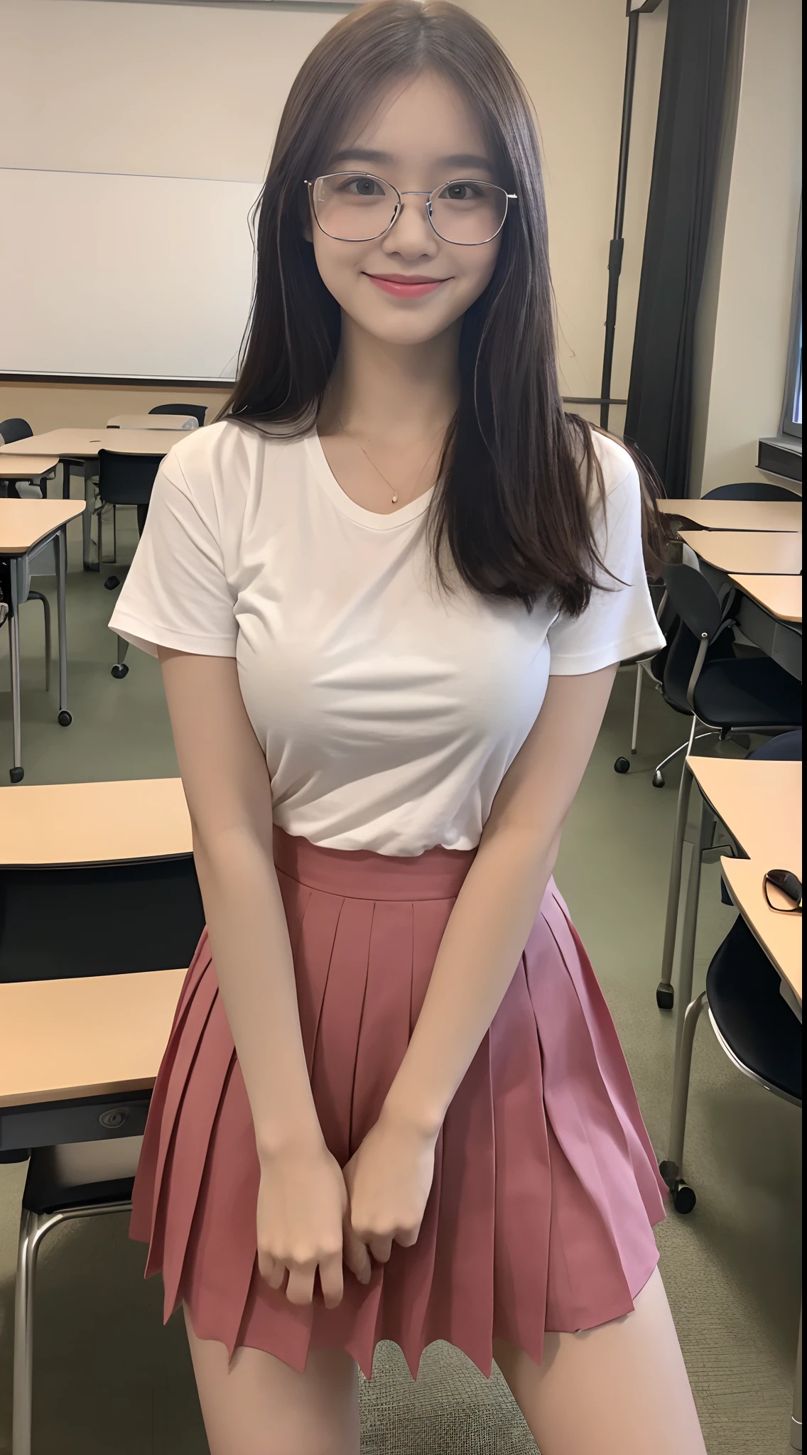 ((best qualtiy, 8K, tmasterpiece:1.3)), Focus:1.2, perfect figure beautiful woman:1.4,   Tight fitting shirts（Long pink hair）（Very short pleated skirt）sitting on the classroom desk（leg wide open）:1.1, Highly detailed facial and skin texture, A detailed eye, 二重まぶた，Whiten skin，ssmile，young ，wears glasses，（（in class room））babyfat，Fully photo，Larger breasts，Correct limbs