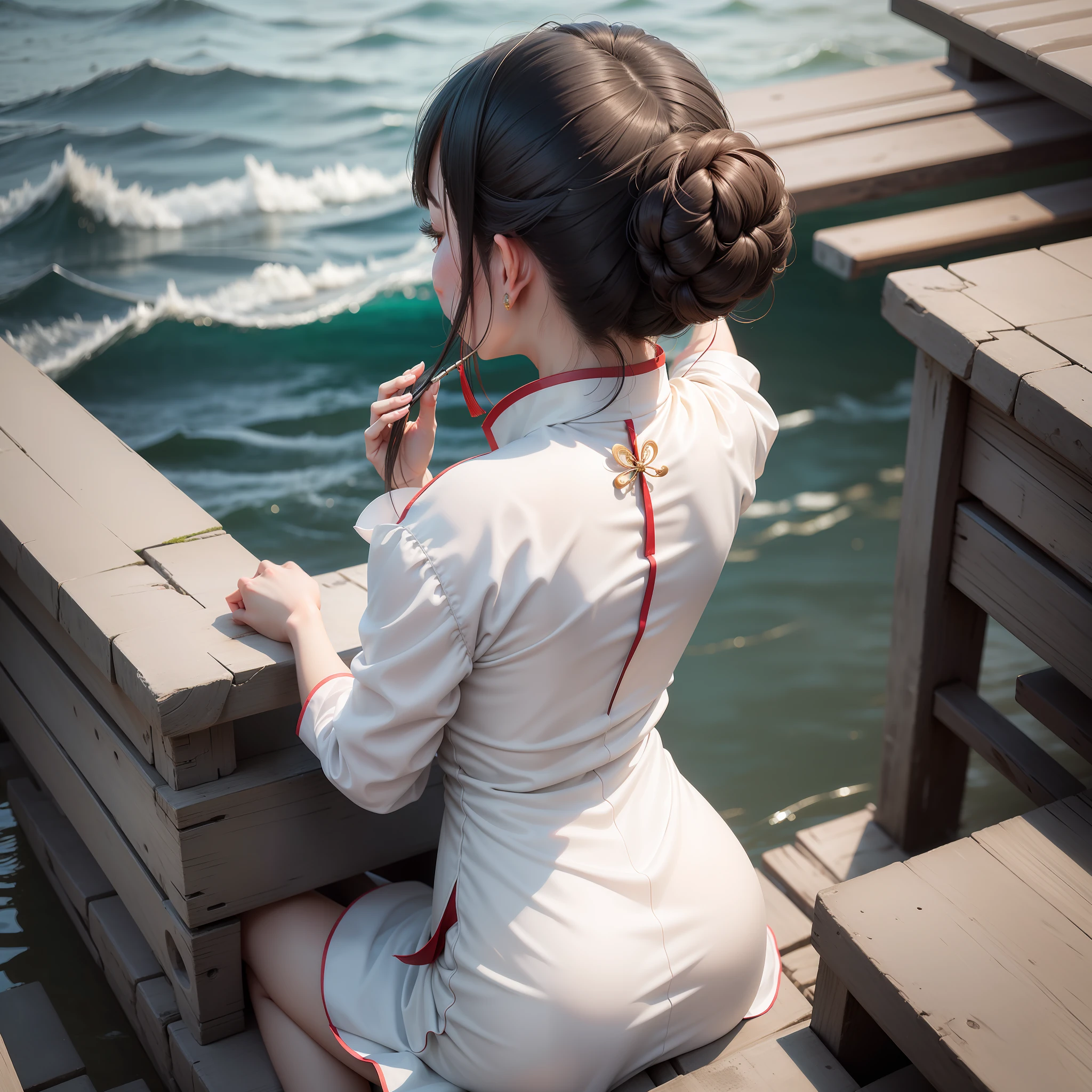 Chinese actress Wu Qian Surreal art Realism Bust back photo Turning back Sycophancy Back blur Back small fishing village White dress Sitting on a seaside stone