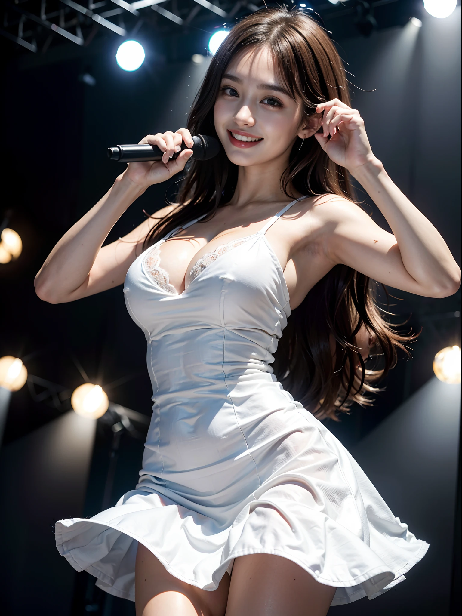 ((top-quality、masterpiece:1.2、8K、portlate、Reality Photography、Beautiful bright dimming))、(((Lovely woman)))、((Casual Hair、F-cup、one piece dress))、Live performance venue、stage、holding the mic、Pointing to the audience with one hand、(Big smile)、((Puppy eyes))、The whole body is reflected