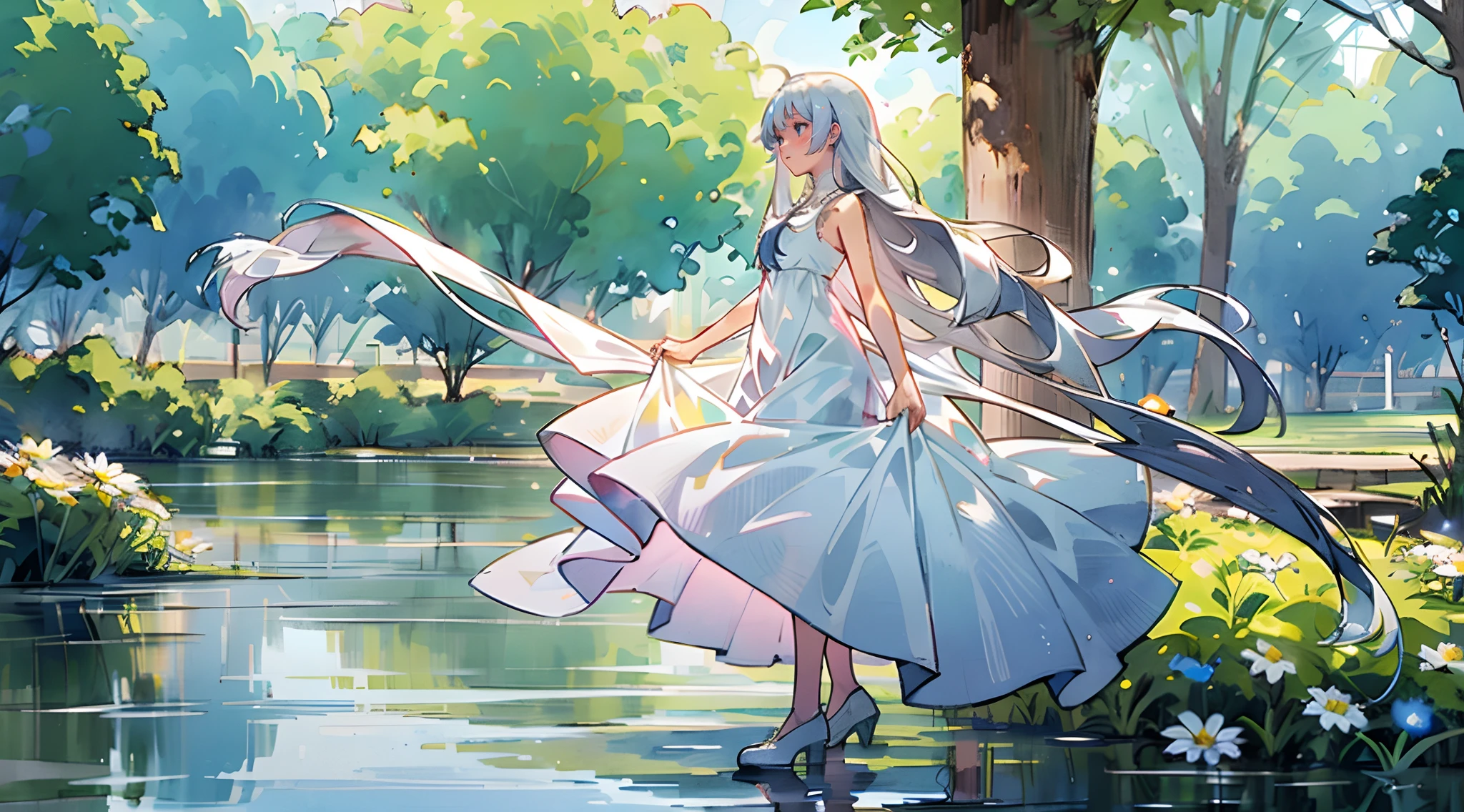 "A girl with flowing white long hair, elegantly dressed in a sleeveless white gown, stands gracefully in an expansive empty room looking sadly and holds a single daisy flower
