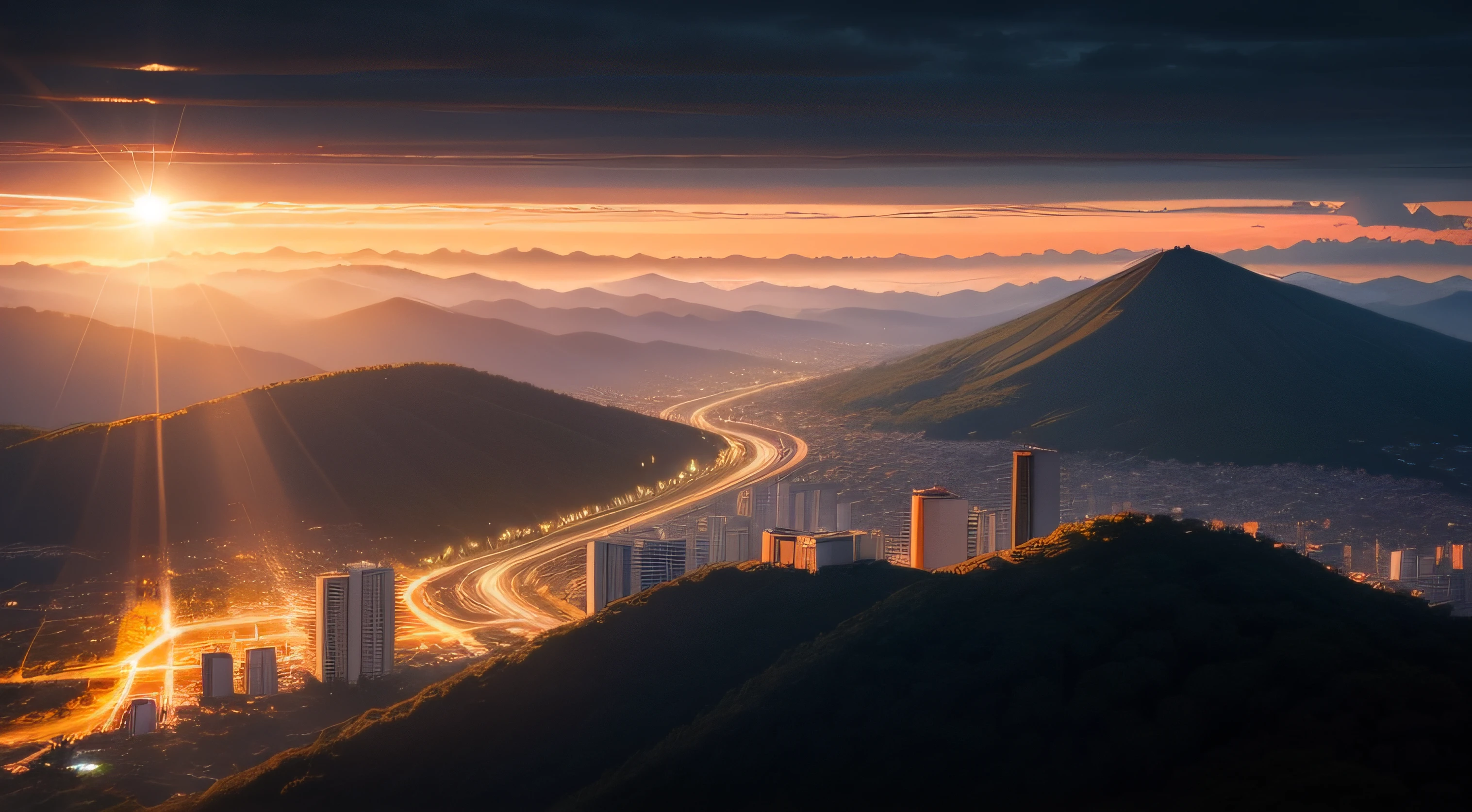 montanhas com caminho no meio, por do sol